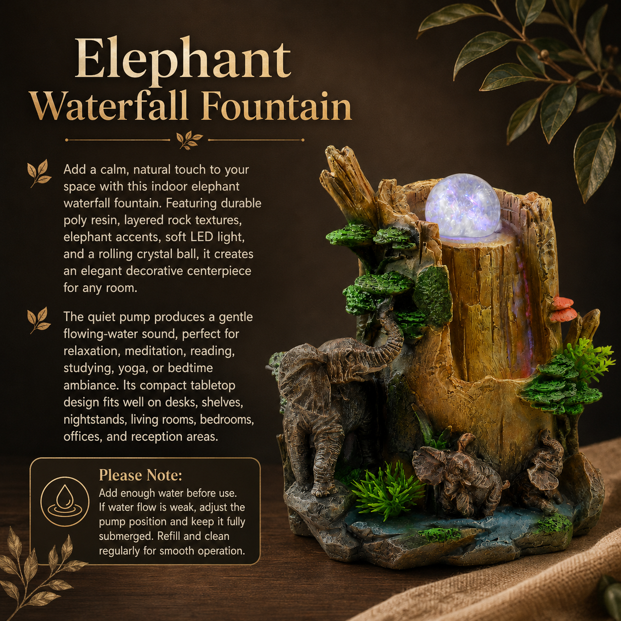 Indoor Tabletop Water Fountain with LED Light & Rolling Crystal Ball, Elephant Desktop Waterfall Fountain, Polyresin Zen Fountain for Office Desk, Living Room, Bedroom, Meditation & Home Decor