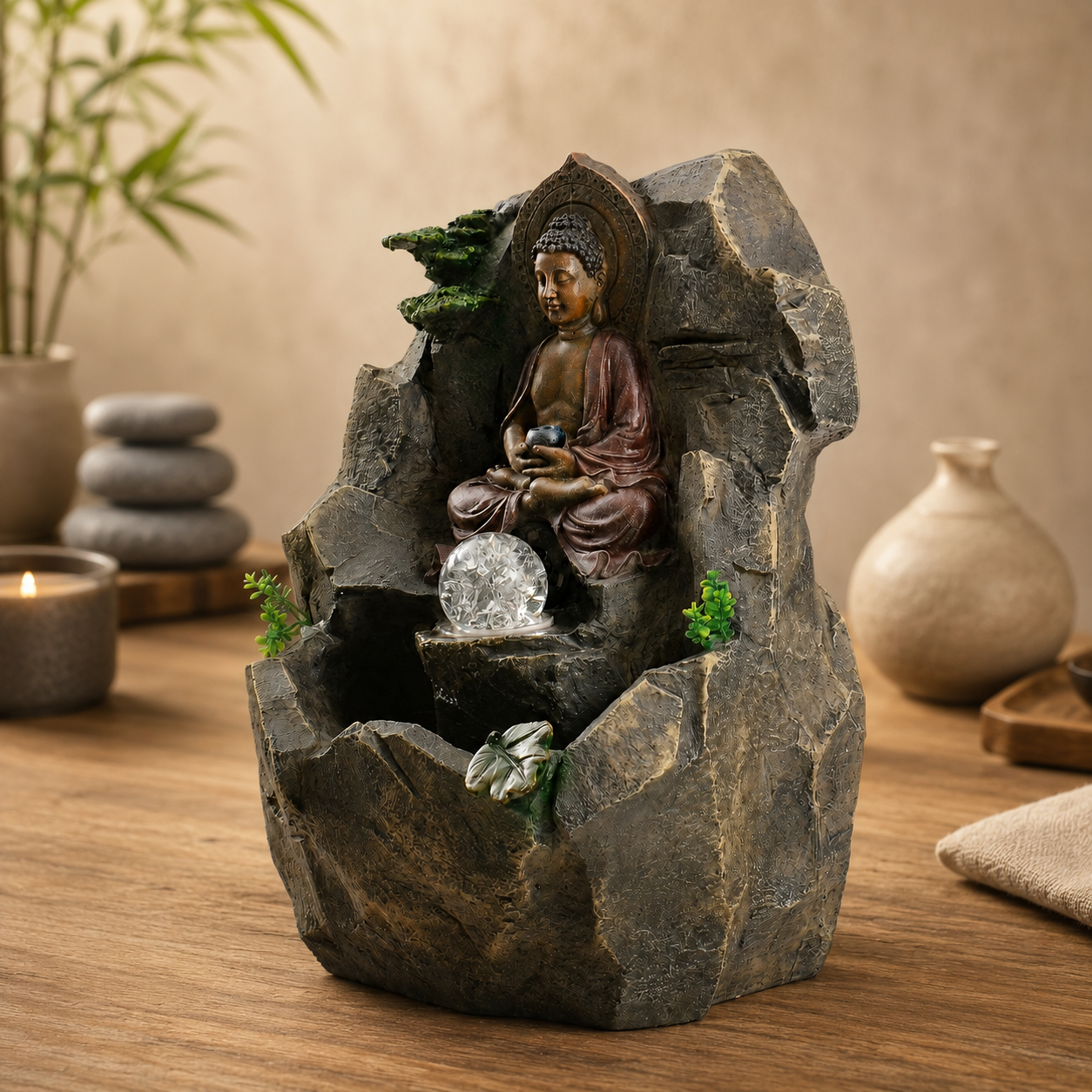 15 Inch Buddha Tabletop Water Fountain with LED Glass Orb, Indoor Resin Waterfall Fountain, Zen Desktop Fountain for Office Desk, Living Room, Bedroom, Meditation Room & Home Decor