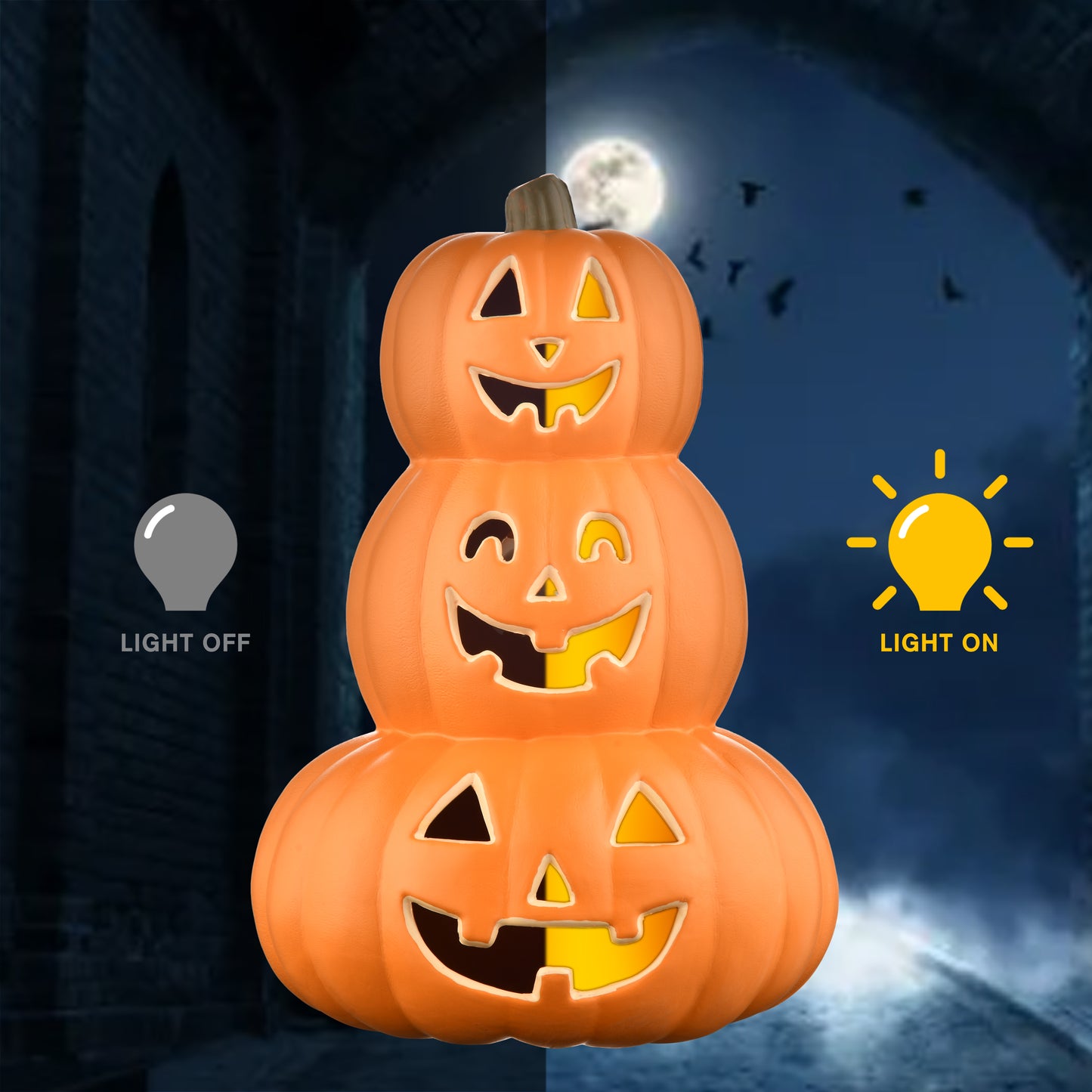 Stacked Jack-O’-Lantern Pumpkin Decoration – 3-Tier Light-Up Halloween Gourd HDPE Plastic – Indoor/Outdoor Fall Decor with Happy Ghost Faces – Cute Pumpkin Tower for Porch Tabletop