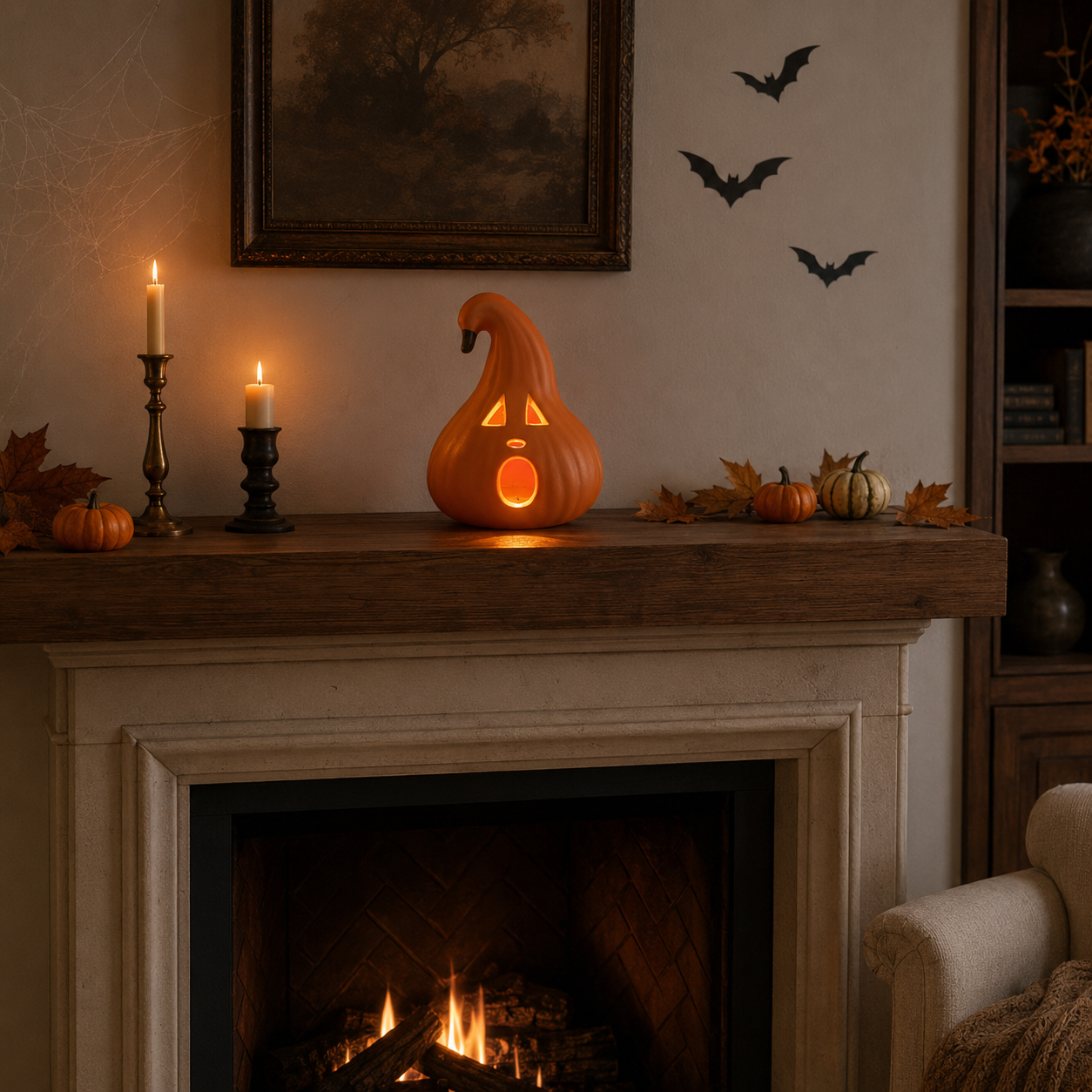 Halloween Decoration – Light-Up Jack-O’-Lantern Ghost Face with Curved Stem – Indoor Tabletop Fall Decor, Pumpkin – Cute Spooky Autumn Accent for Home or Office