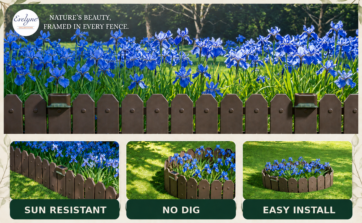 Garden Border Edging: Wooden Grain Fence Dog Ear Design with Solar Lights- Landscaping Fence Liner Lawn Edge Barrier - Decorative Lawn Landscape Panels Elements -Landscaping Edging
