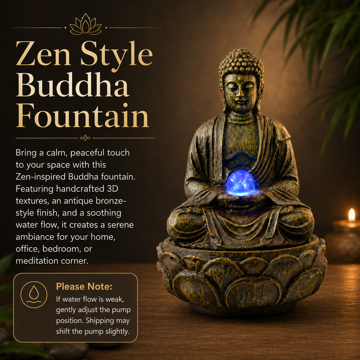 11 Inch Buddha Tabletop Water Fountain with LED Glass Orb, Indoor Resin Waterfall Fountain, Zen Desktop Fountain for Office Desk, Living Room, Bedroom, Meditation Room & Home Decor