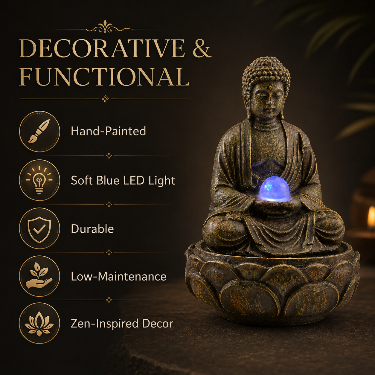 11 Inch Buddha Tabletop Water Fountain with LED Glass Orb, Indoor Resin Waterfall Fountain, Zen Desktop Fountain for Office Desk, Living Room, Bedroom, Meditation Room & Home Decor