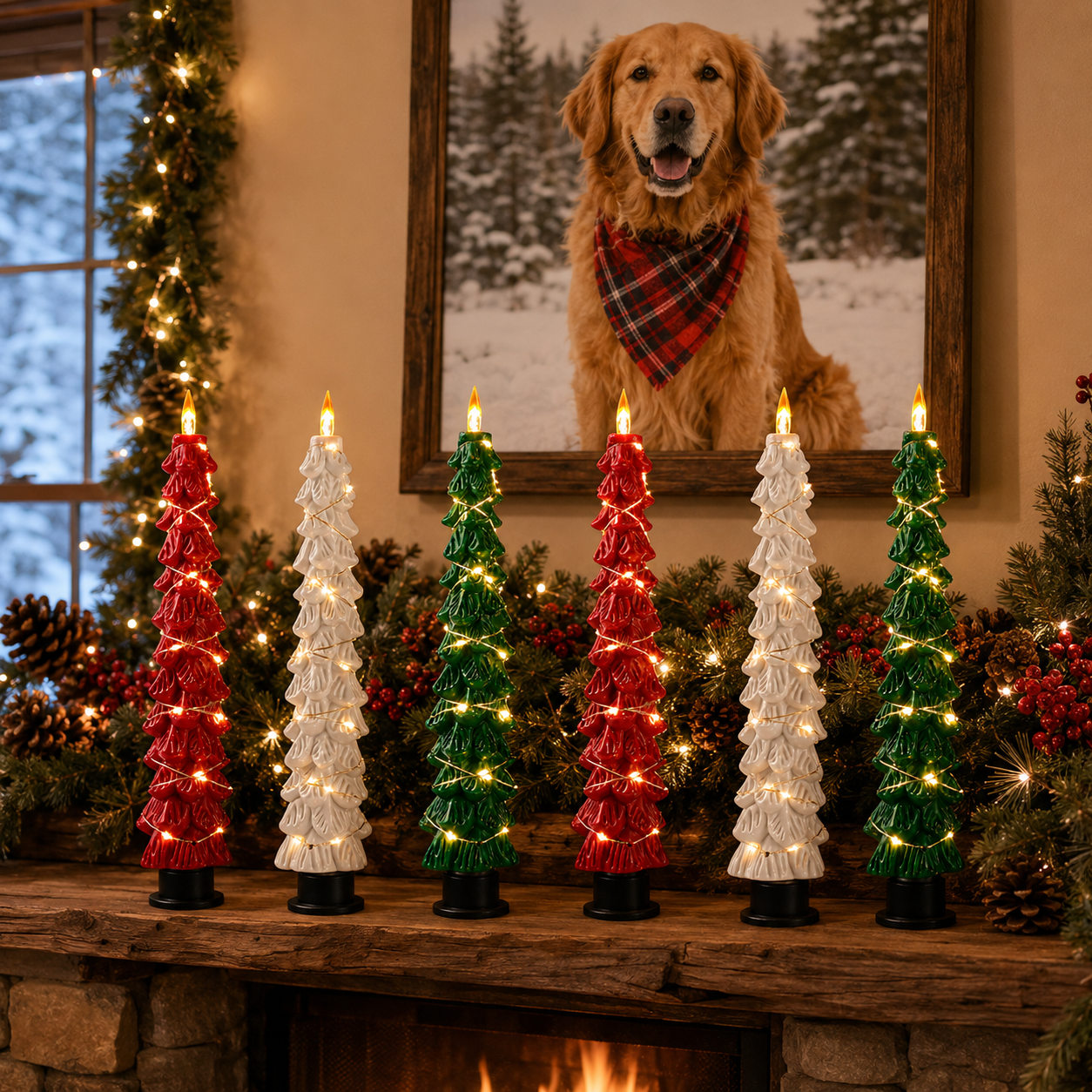 2 Pack EverGlow Christmas Tree LED Flameless Taper Candles, 9.5 Inch Battery Operated Flickering Candles with Remote Timer and Copper String Lights for Christmas Home Décor, Dining Table