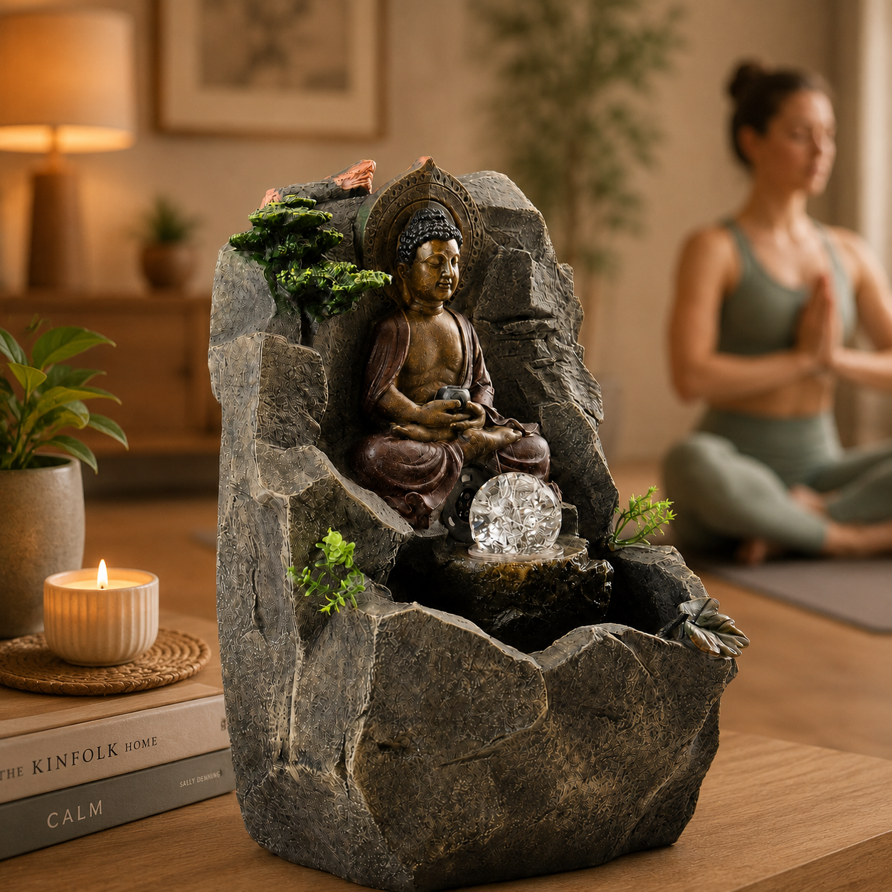 15 Inch Buddha Tabletop Water Fountain with LED Glass Orb, Indoor Resin Waterfall Fountain, Zen Desktop Fountain for Office Desk, Living Room, Bedroom, Meditation Room & Home Decor