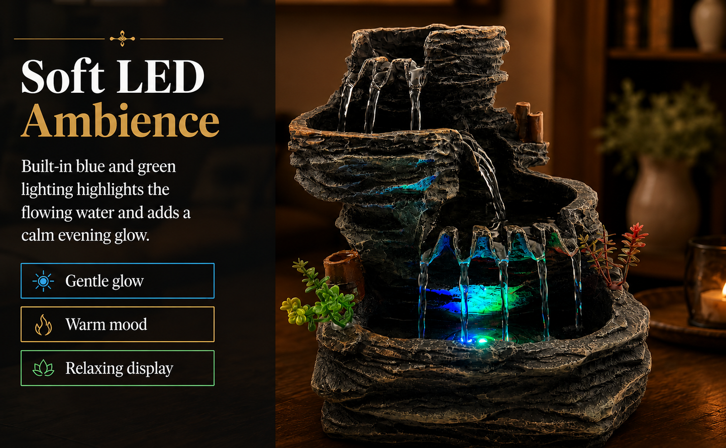 Indoor Tabletop Water Fountain with LED Light, Resin Rock-Look Waterfall Decor, Feng Shui Inspired Zen Fountain for Desk, Office, Bedroom, Living Room & Meditation Space (9.25" Cascading Rock)