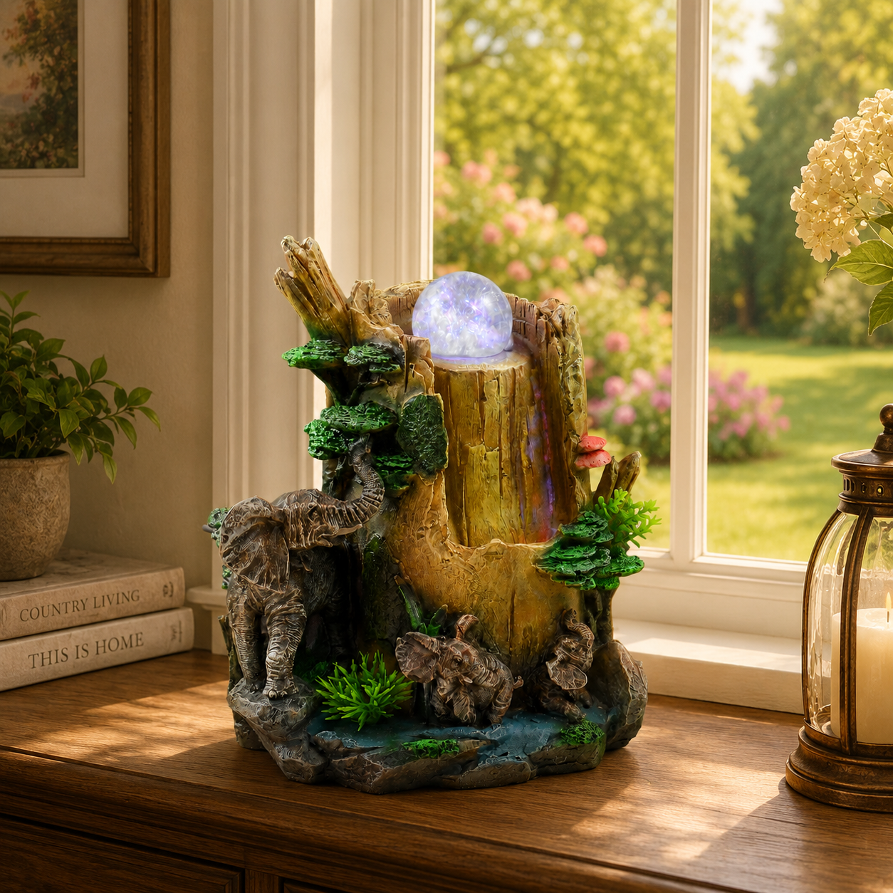 Indoor Tabletop Water Fountain with LED Light & Rolling Crystal Ball, Elephant Desktop Waterfall Fountain, Polyresin Zen Fountain for Office Desk, Living Room, Bedroom, Meditation & Home Decor