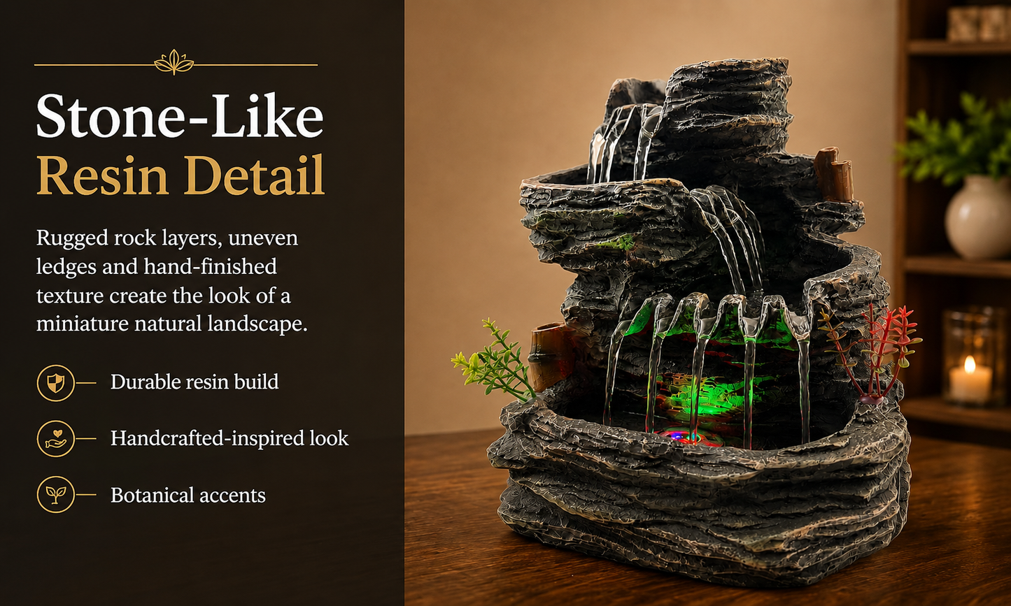 Indoor Tabletop Water Fountain with LED Light, Resin Rock-Look Waterfall Decor, Feng Shui Inspired Zen Fountain for Desk, Office, Bedroom, Living Room & Meditation Space (9.25" Cascading Rock)