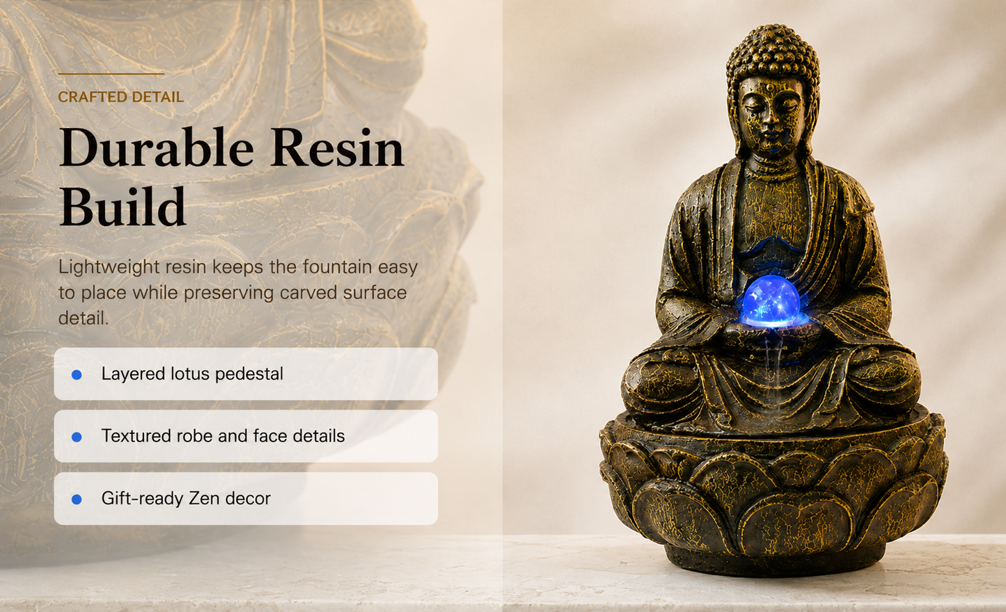 11 Inch Buddha Tabletop Water Fountain with LED Glass Orb, Indoor Resin Waterfall Fountain, Zen Desktop Fountain for Office Desk, Living Room, Bedroom, Meditation Room & Home Decor