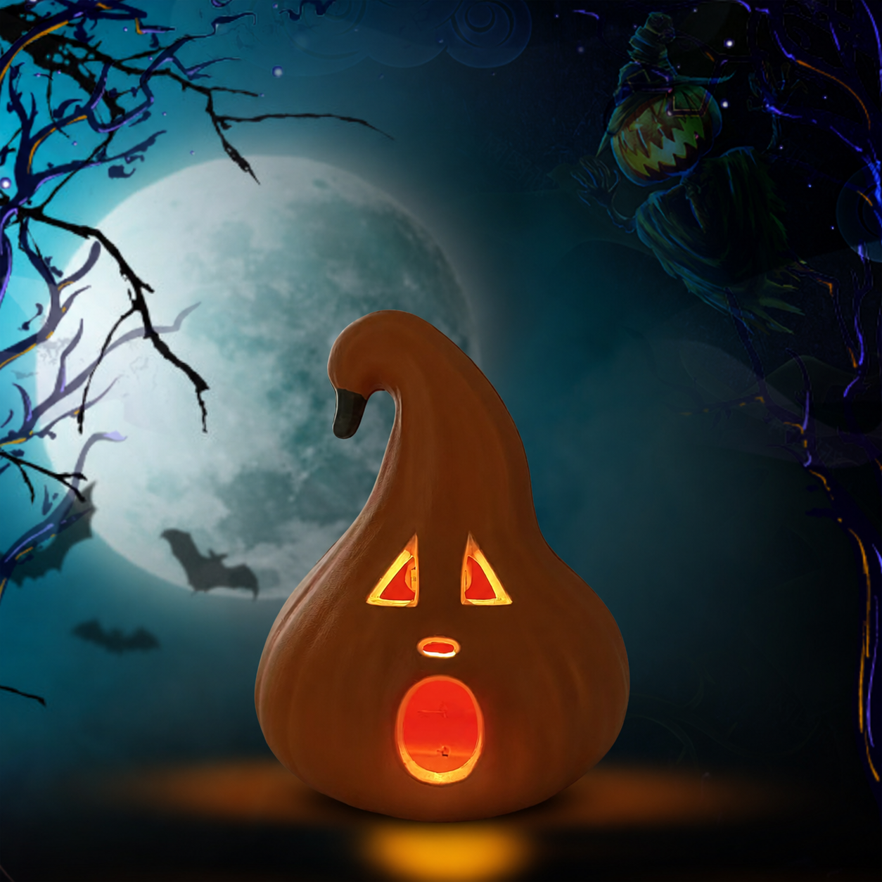 Halloween Decoration – Light-Up Jack-O’-Lantern Ghost Face with Curved Stem – Indoor Tabletop Fall Decor, Pumpkin – Cute Spooky Autumn Accent for Home or Office