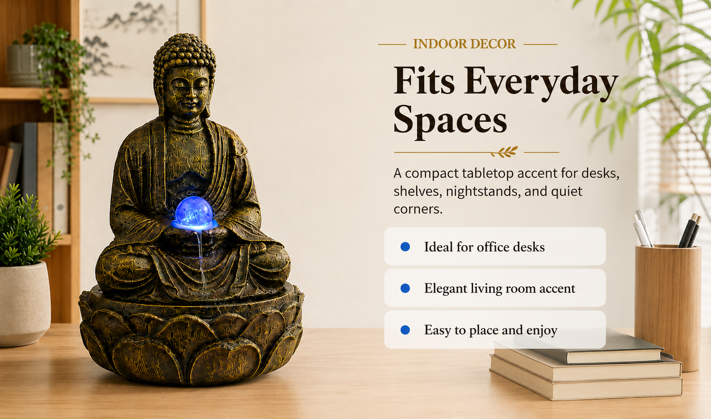 11 Inch Buddha Tabletop Water Fountain with LED Glass Orb, Indoor Resin Waterfall Fountain, Zen Desktop Fountain for Office Desk, Living Room, Bedroom, Meditation Room & Home Decor