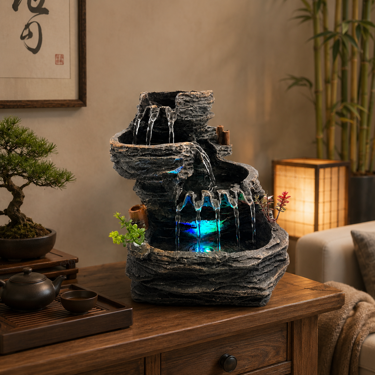 Indoor Tabletop Water Fountain with LED Light, Resin Rock-Look Waterfall Decor, Feng Shui Inspired Zen Fountain for Desk, Office, Bedroom, Living Room & Meditation Space (9.25" Cascading Rock)