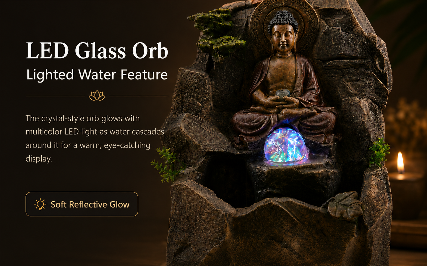 15 Inch Buddha Tabletop Water Fountain with LED Glass Orb, Indoor Resin Waterfall Fountain, Zen Desktop Fountain for Office Desk, Living Room, Bedroom, Meditation Room & Home Decor