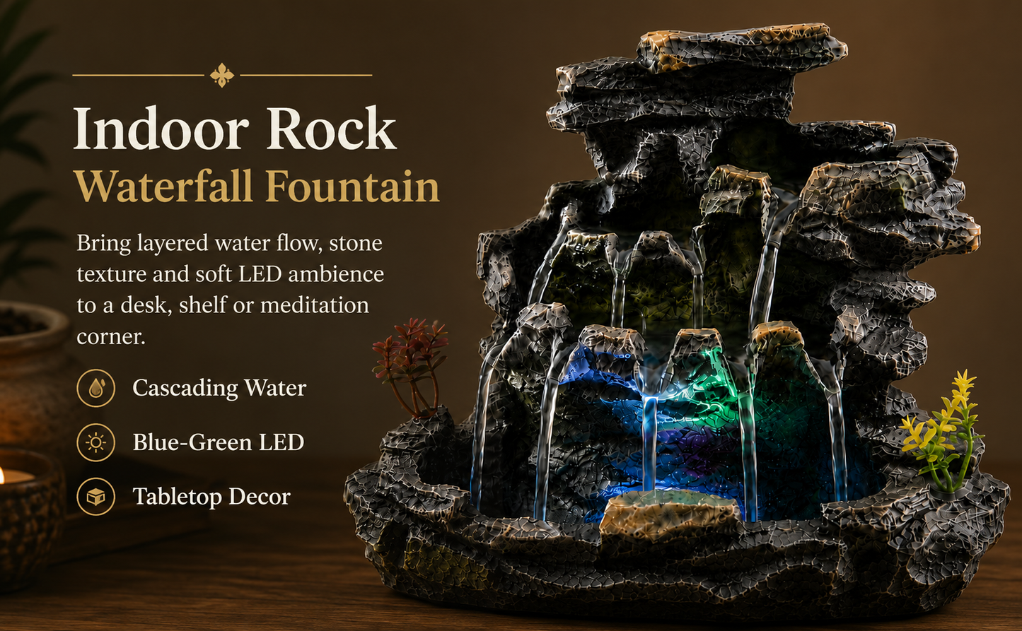 Indoor Tabletop Water Fountain with LED Light, Resin Rock-Look Waterfall Decor, Feng Shui Inspired Zen Fountain for Desk, Office, Bedroom, Living Room & Meditation Space (9" Cascading Rock)