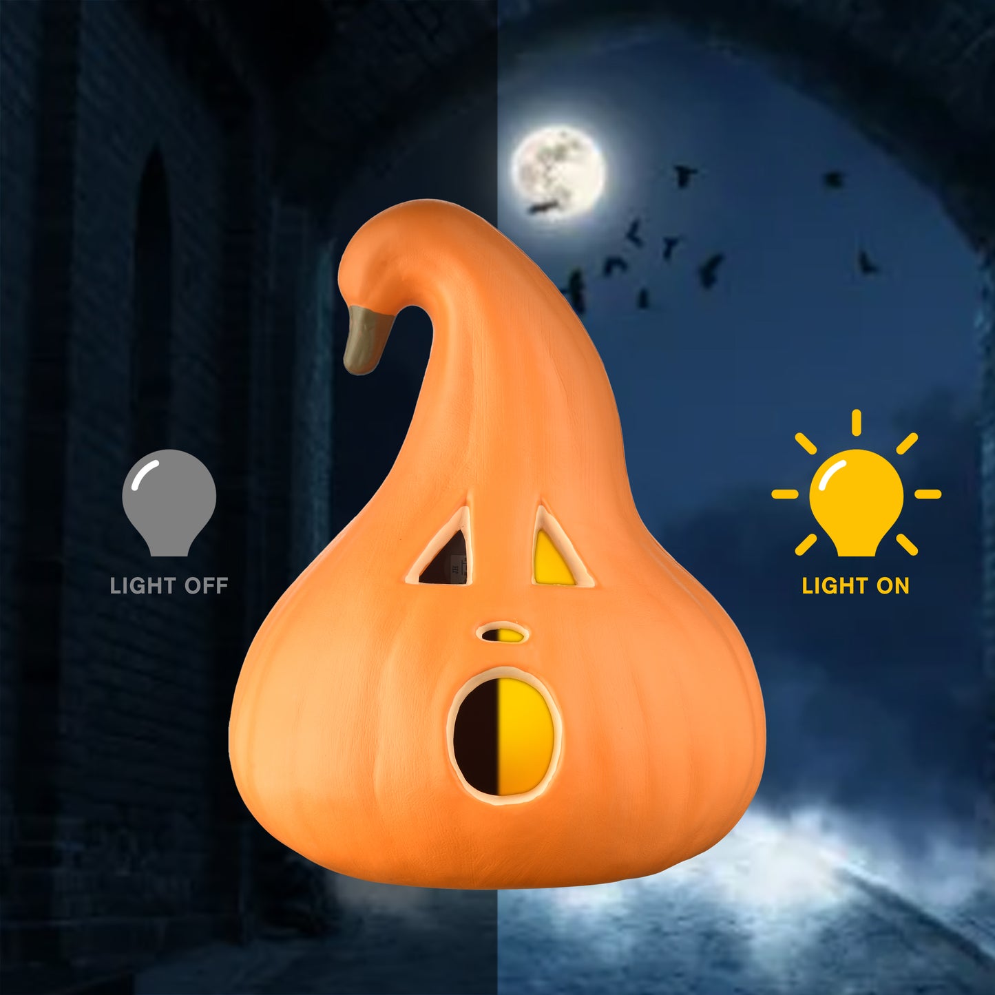 Halloween Decoration – Light-Up Jack-O’-Lantern Ghost Face with Curved Stem – Indoor Tabletop Fall Decor, Pumpkin – Cute Spooky Autumn Accent for Home or Office