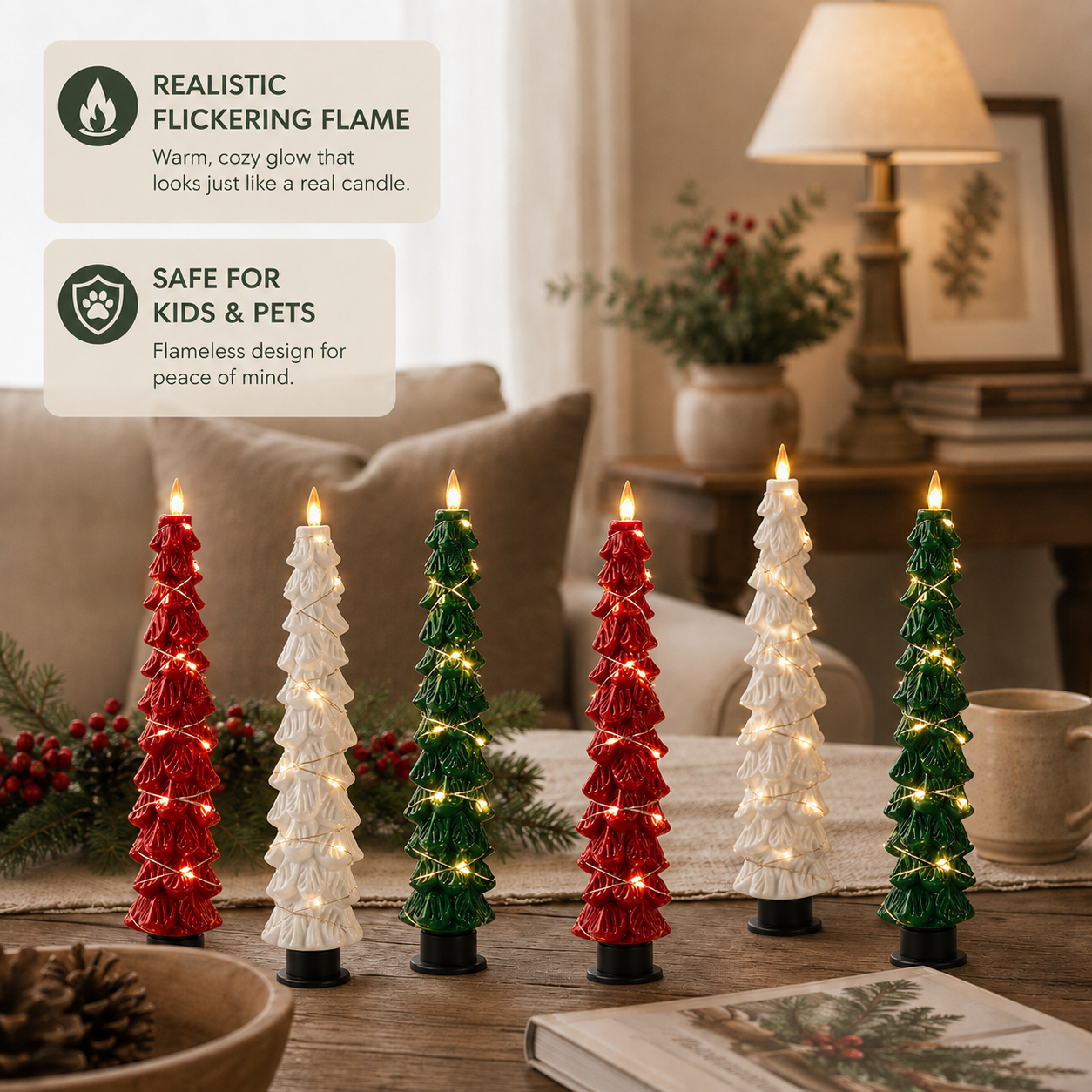 2 Pack EverGlow Christmas Tree LED Flameless Taper Candles, 9.5 Inch Battery Operated Flickering Candles with Remote Timer and Copper String Lights for Christmas Home Décor, Dining Table