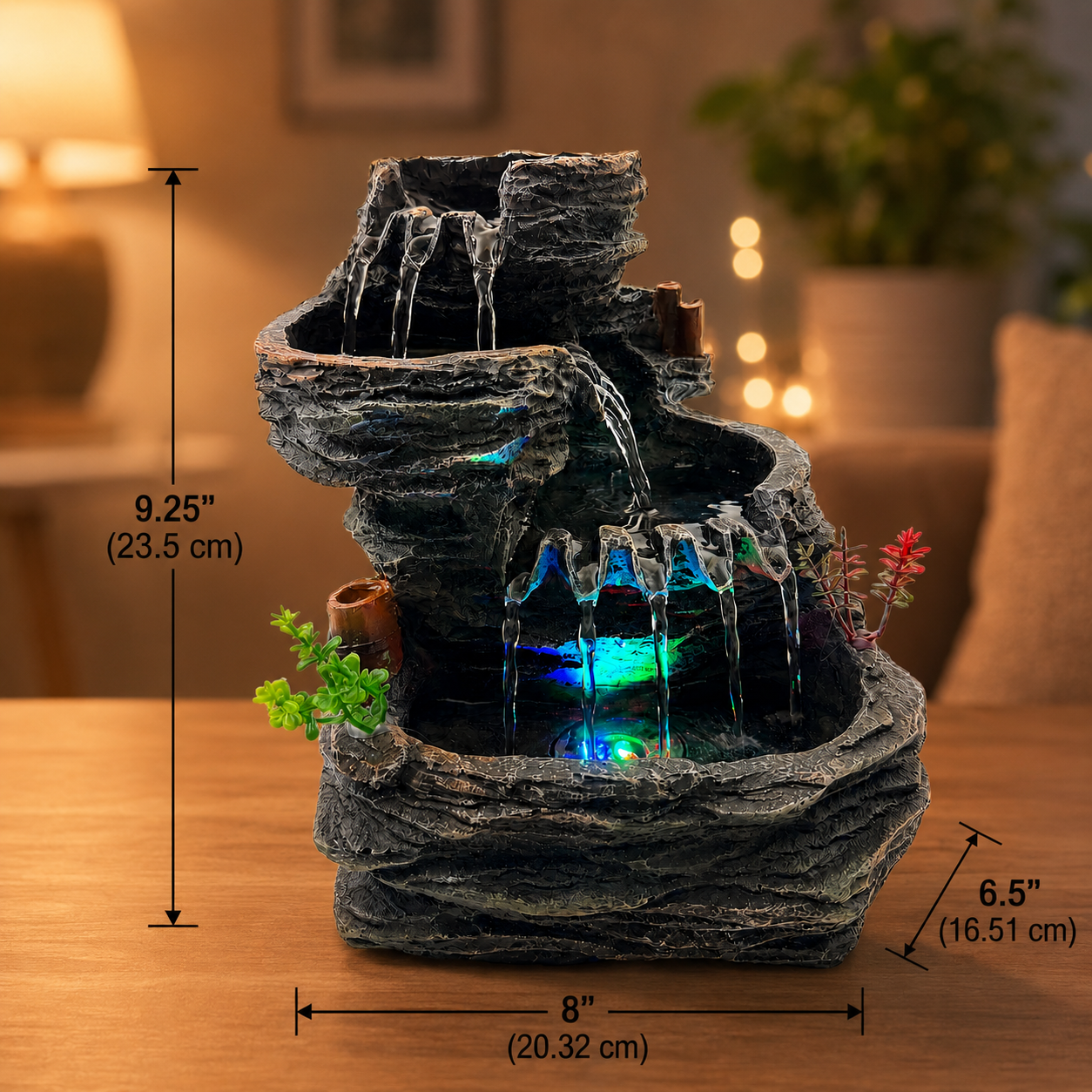 Indoor Tabletop Water Fountain with LED Light, Resin Rock-Look Waterfall Decor, Feng Shui Inspired Zen Fountain for Desk, Office, Bedroom, Living Room & Meditation Space (9.25" Cascading Rock)