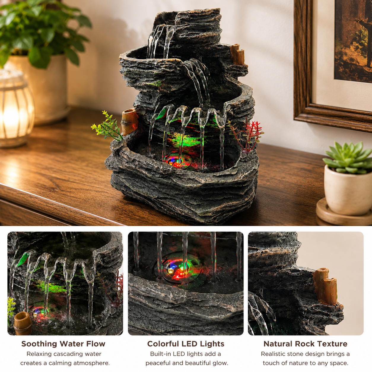 Indoor Tabletop Water Fountain with LED Light, Resin Rock-Look Waterfall Decor, Feng Shui Inspired Zen Fountain for Desk, Office, Bedroom, Living Room & Meditation Space (9.25" Cascading Rock)