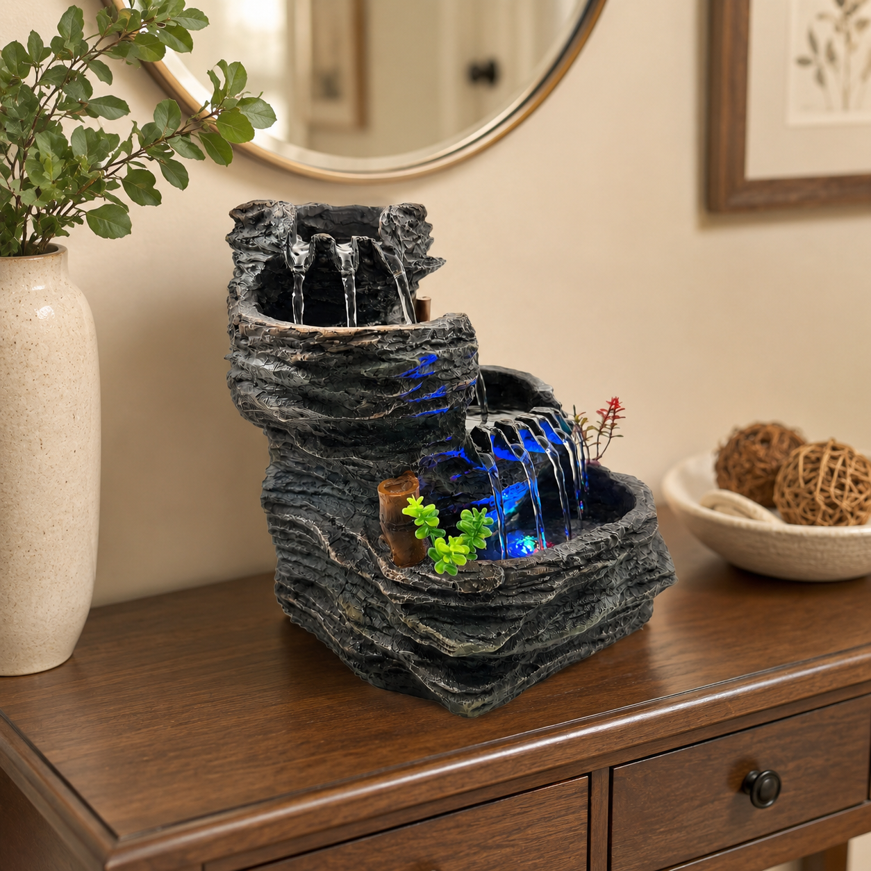 Indoor Tabletop Water Fountain with LED Light, Resin Rock-Look Waterfall Decor, Feng Shui Inspired Zen Fountain for Desk, Office, Bedroom, Living Room & Meditation Space (9.25" Cascading Rock)