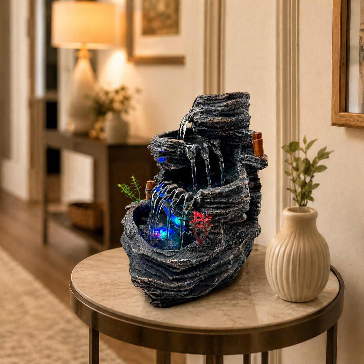 Indoor Tabletop Water Fountain with LED Light, Resin Rock-Look Waterfall Decor, Feng Shui Inspired Zen Fountain for Desk, Office, Bedroom, Living Room & Meditation Space (9.25" Cascading Rock)
