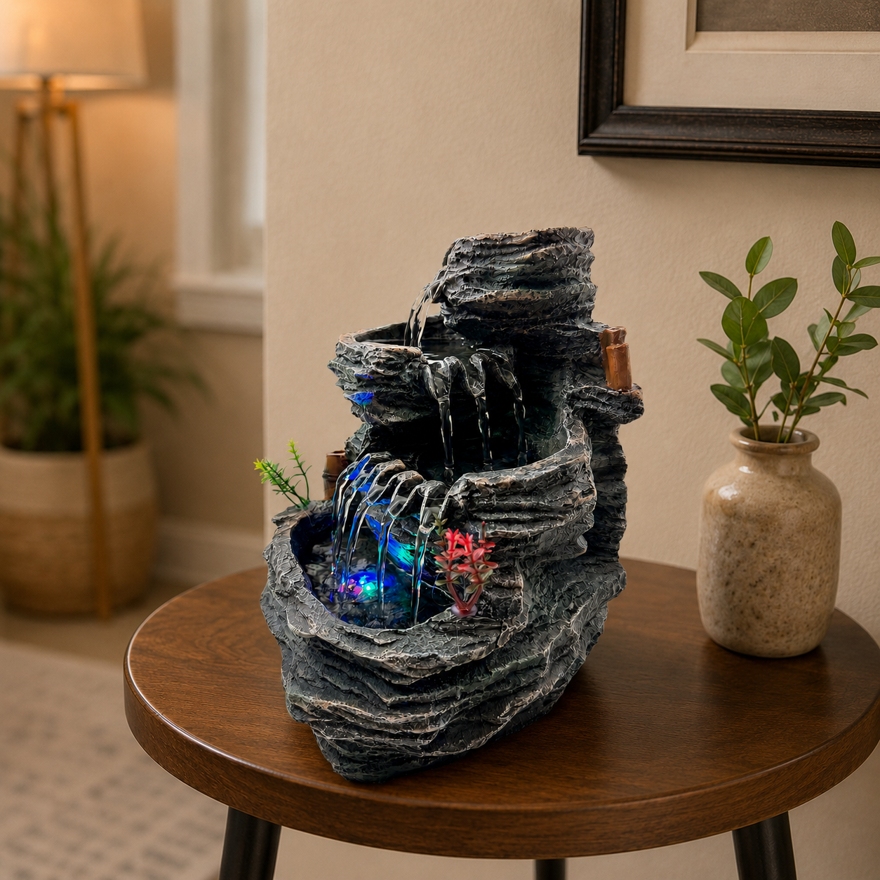Indoor Tabletop Water Fountain with LED Light, Resin Rock-Look Waterfall Decor, Feng Shui Inspired Zen Fountain for Desk, Office, Bedroom, Living Room & Meditation Space (9.25" Cascading Rock)