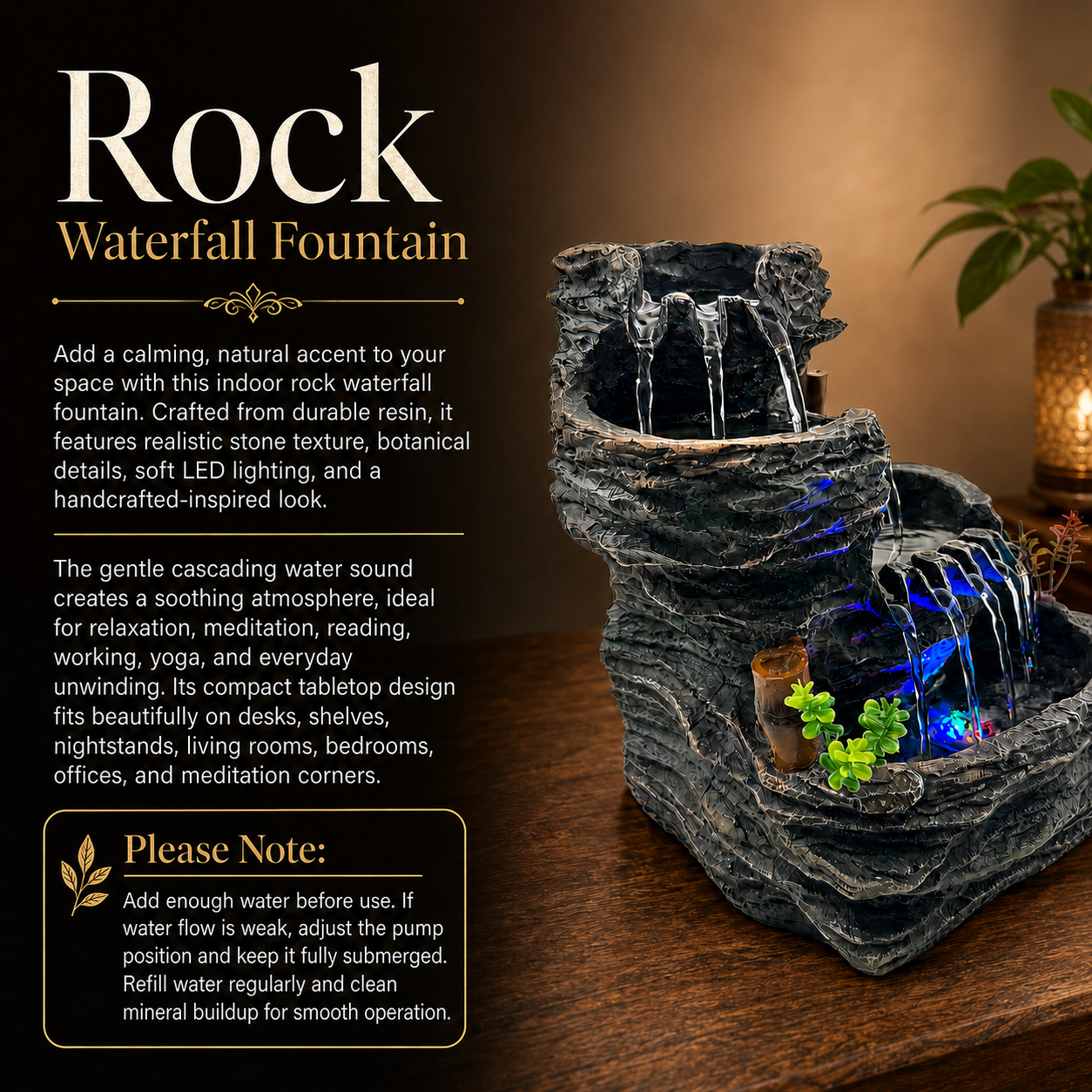 Indoor Tabletop Water Fountain with LED Light, Resin Rock-Look Waterfall Decor, Feng Shui Inspired Zen Fountain for Desk, Office, Bedroom, Living Room & Meditation Space (9.25" Cascading Rock)