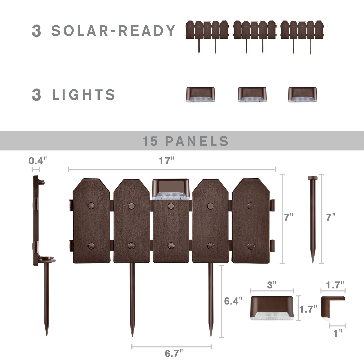 Garden Border Edging: Wooden Grain Fence Dog Ear Design with Solar Lights- Landscaping Fence Liner Lawn Edge Barrier - Decorative Lawn Landscape Panels Elements -Landscaping Edging