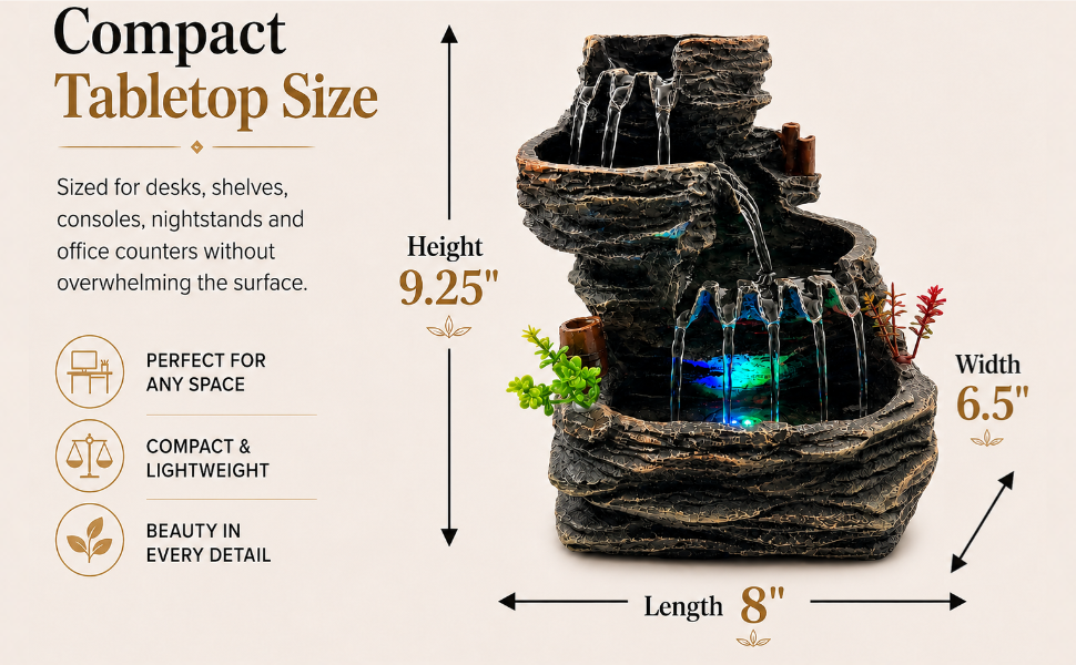 Indoor Tabletop Water Fountain with LED Light, Resin Rock-Look Waterfall Decor, Feng Shui Inspired Zen Fountain for Desk, Office, Bedroom, Living Room & Meditation Space (9.25" Cascading Rock)