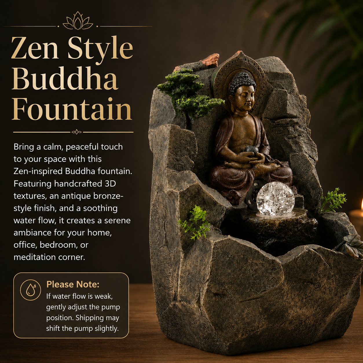 15 Inch Buddha Tabletop Water Fountain with LED Glass Orb, Indoor Resin Waterfall Fountain, Zen Desktop Fountain for Office Desk, Living Room, Bedroom, Meditation Room & Home Decor