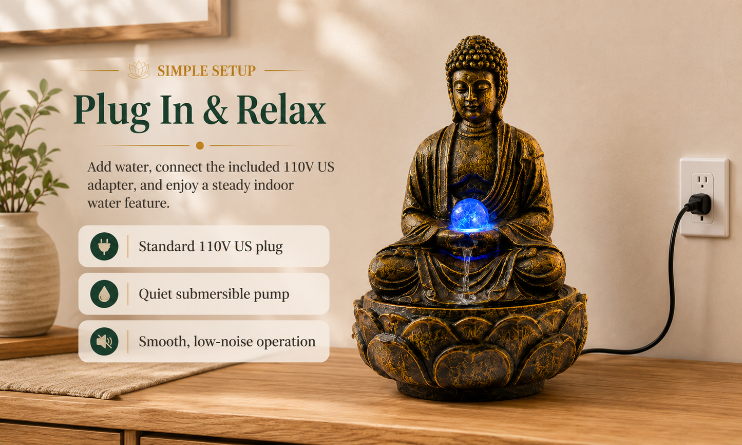 11 Inch Buddha Tabletop Water Fountain with LED Glass Orb, Indoor Resin Waterfall Fountain, Zen Desktop Fountain for Office Desk, Living Room, Bedroom, Meditation Room & Home Decor