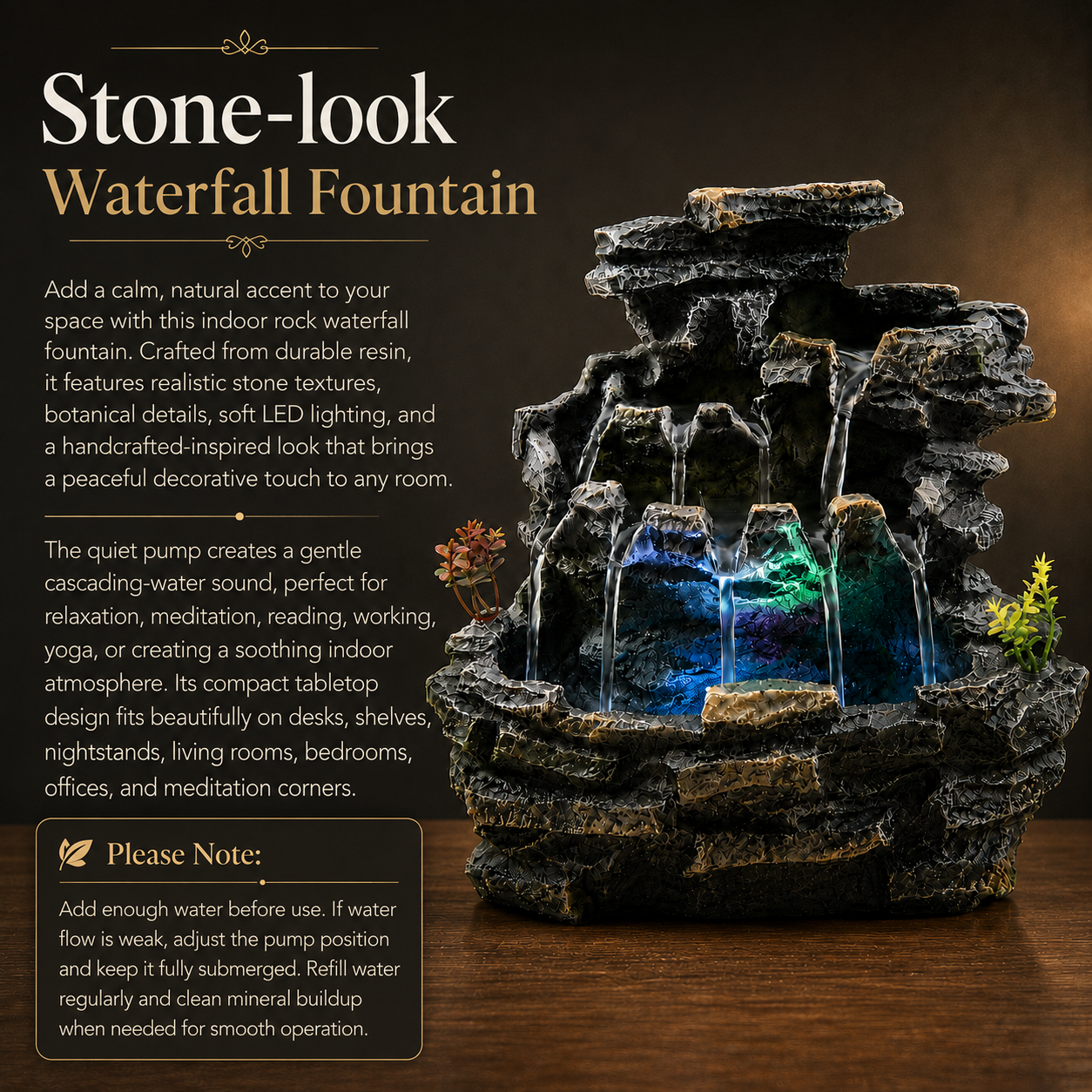 Indoor Tabletop Water Fountain with LED Light, Resin Rock-Look Waterfall Decor, Feng Shui Inspired Zen Fountain for Desk, Office, Bedroom, Living Room & Meditation Space (9" Cascading Rock)