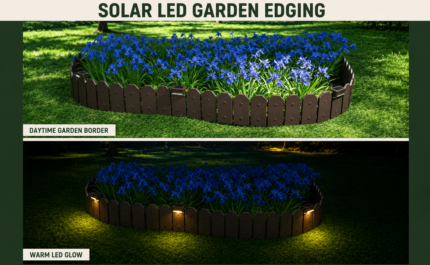 Garden Border Edging: Wooden Grain Fence Dog Ear Design with Solar Lights- Landscaping Fence Liner Lawn Edge Barrier - Decorative Lawn Landscape Panels Elements -Landscaping Edging