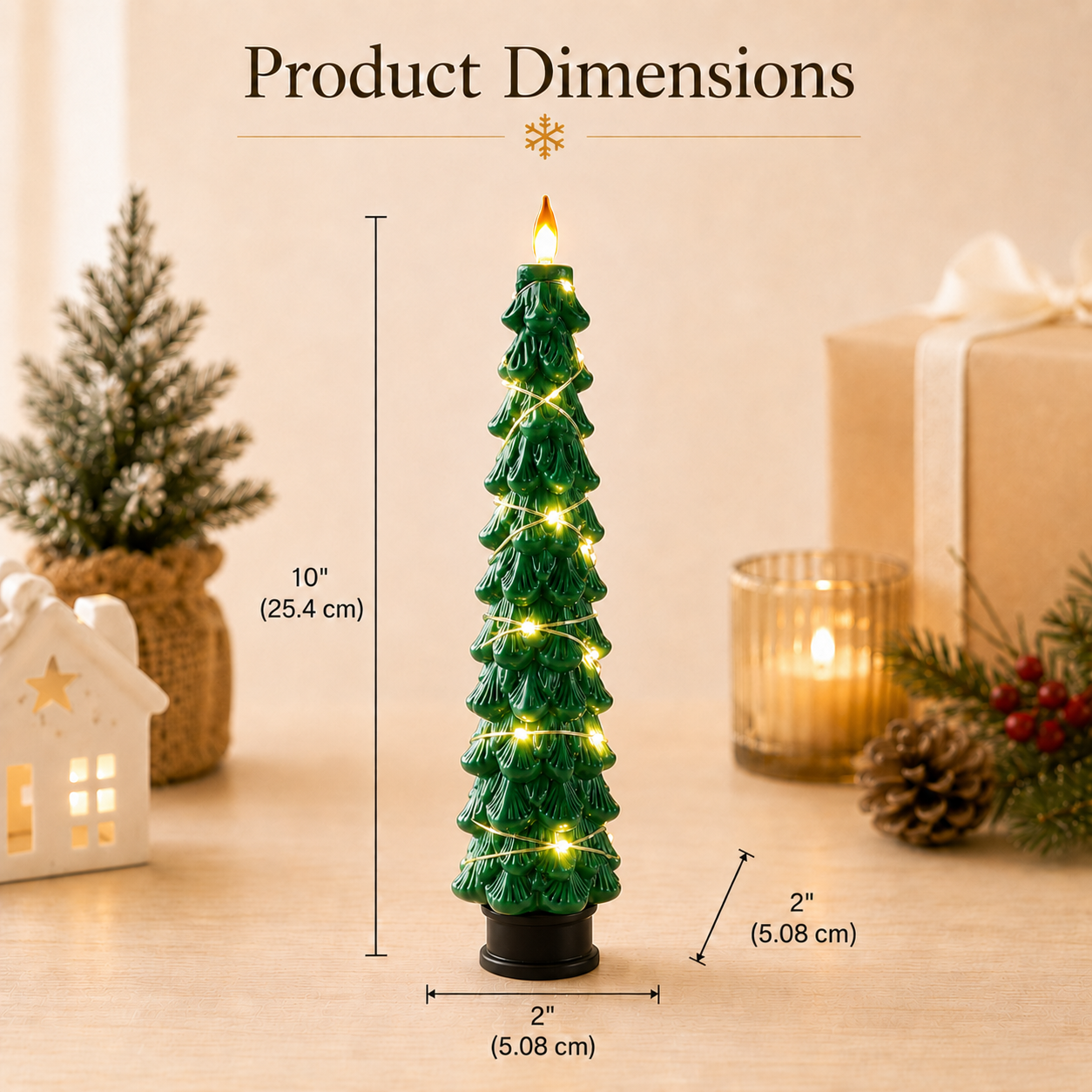 2 Pack EverGlow Christmas Tree LED Flameless Taper Candles, 9.5 Inch Battery Operated Flickering Candles with Remote Timer and Copper String Lights for Christmas Home Décor, Dining Table