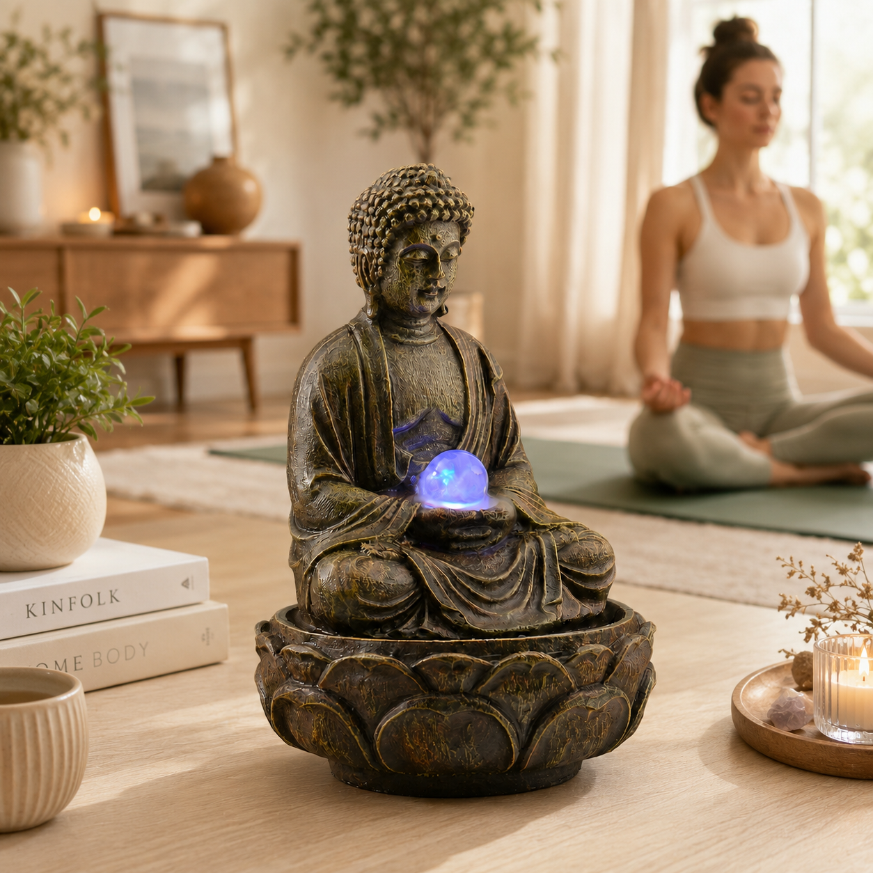 11 Inch Buddha Tabletop Water Fountain with LED Glass Orb, Indoor Resin Waterfall Fountain, Zen Desktop Fountain for Office Desk, Living Room, Bedroom, Meditation Room & Home Decor