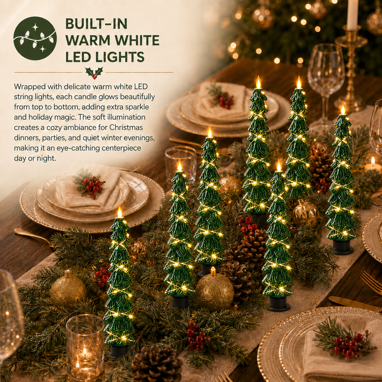 2 Pack EverGlow Christmas Tree LED Flameless Taper Candles, 9.5 Inch Battery Operated Flickering Candles with Remote Timer and Copper String Lights for Christmas Home Décor, Dining Table