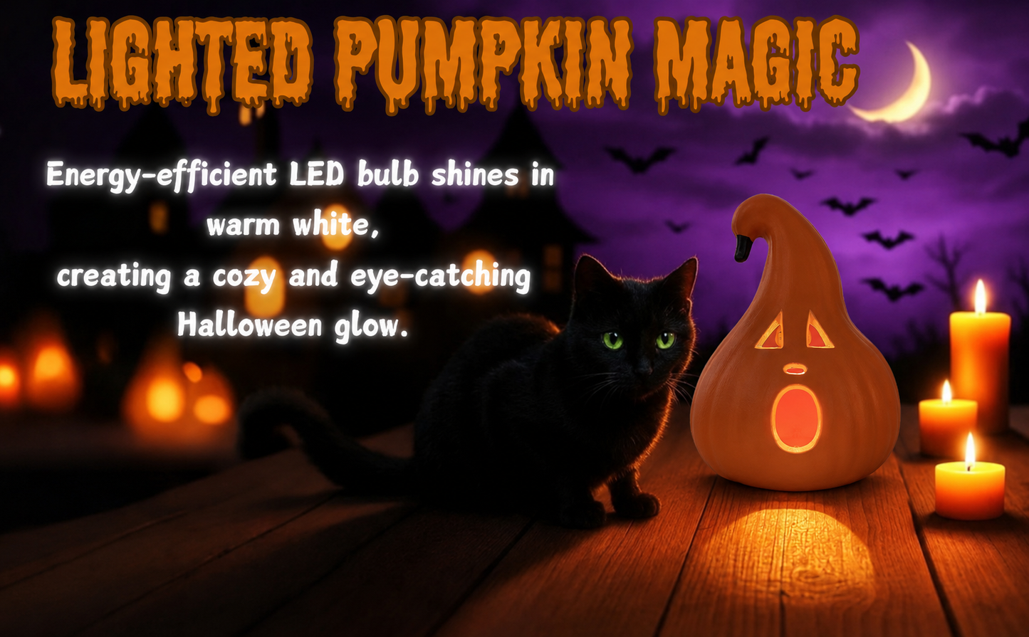 Halloween Decoration – Light-Up Jack-O’-Lantern Ghost Face with Curved Stem – Indoor Tabletop Fall Decor, Pumpkin – Cute Spooky Autumn Accent for Home or Office