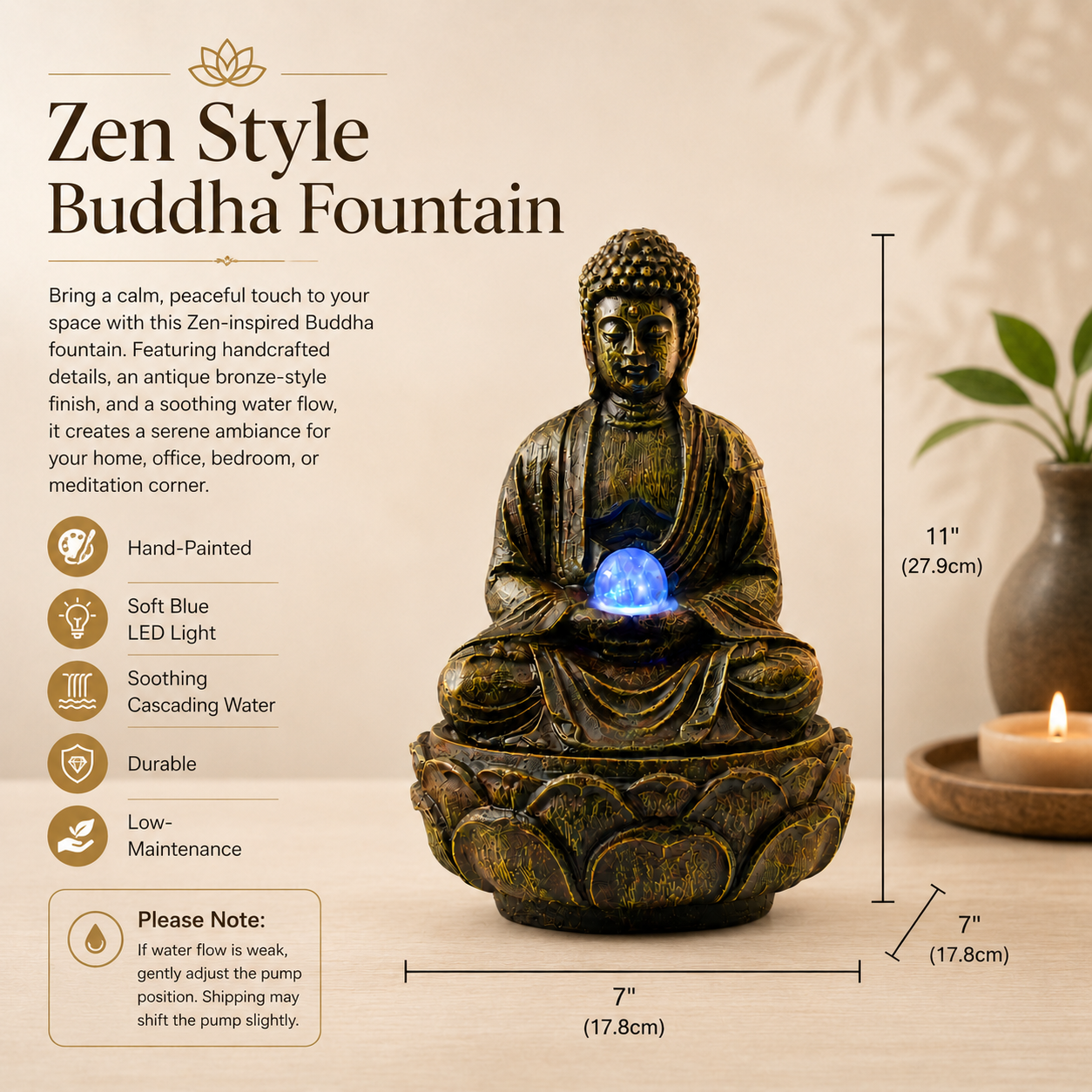 11 Inch Buddha Tabletop Water Fountain with LED Glass Orb, Indoor Resin Waterfall Fountain, Zen Desktop Fountain for Office Desk, Living Room, Bedroom, Meditation Room & Home Decor