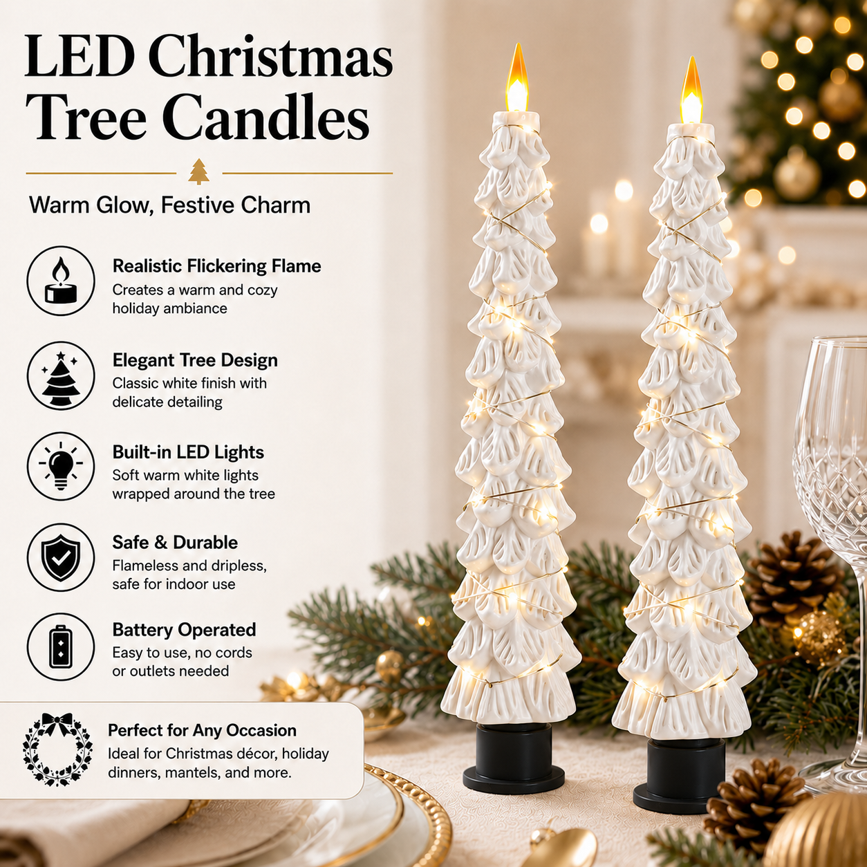 2 Pack EverGlow Christmas Tree LED Flameless Taper Candles, 9.5 Inch Battery Operated Flickering Candles with Remote Timer and Copper String Lights for Christmas Home Décor, Dining Table