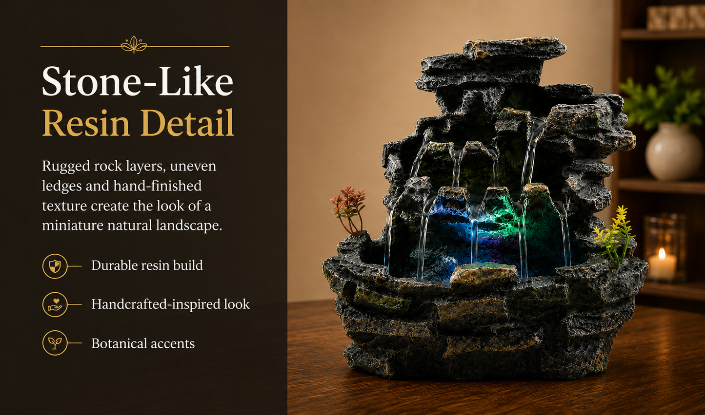 Indoor Tabletop Water Fountain with LED Light, Resin Rock-Look Waterfall Decor, Feng Shui Inspired Zen Fountain for Desk, Office, Bedroom, Living Room & Meditation Space (9" Cascading Rock)