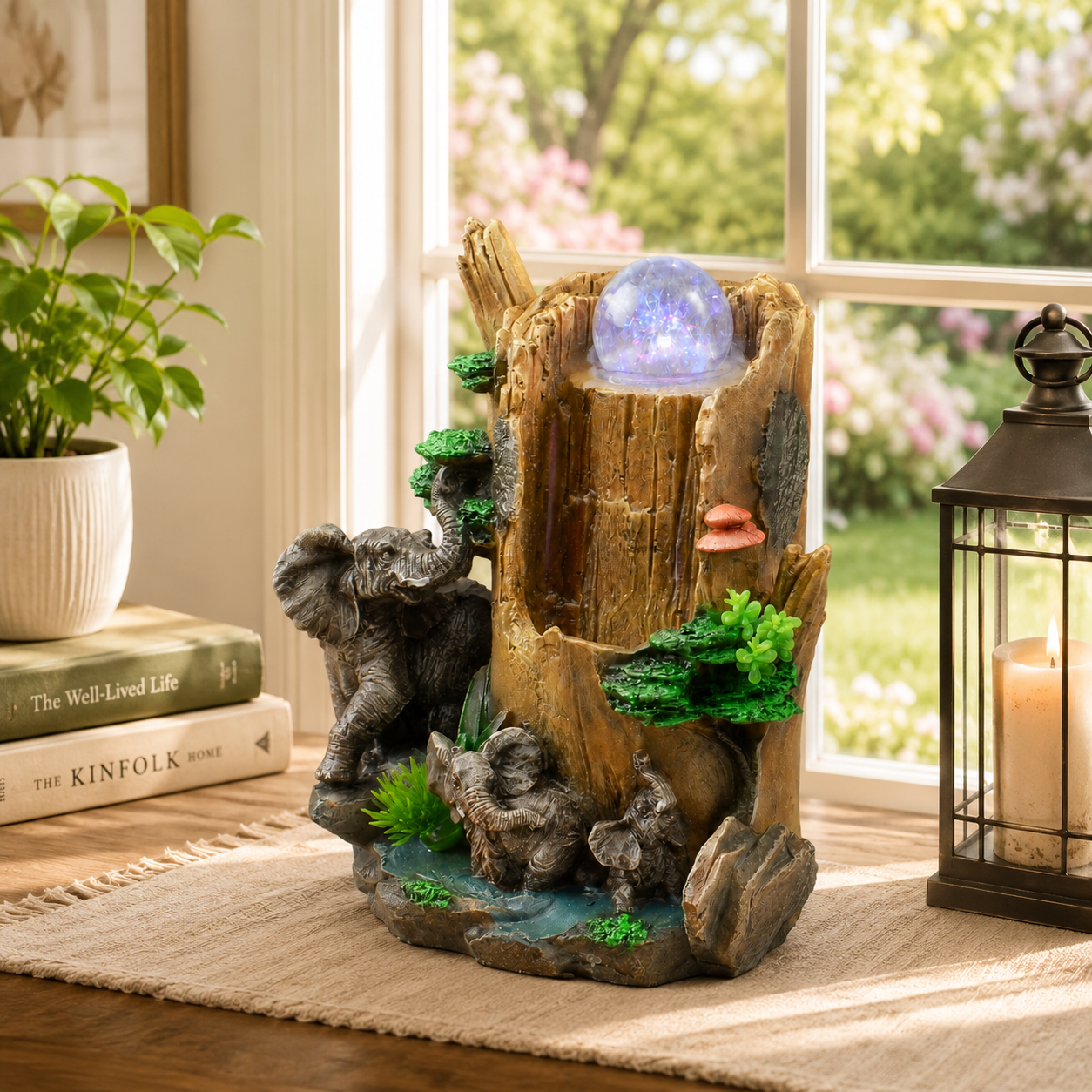 Indoor Tabletop Water Fountain with LED Light & Rolling Crystal Ball, Elephant Desktop Waterfall Fountain, Polyresin Zen Fountain for Office Desk, Living Room, Bedroom, Meditation & Home Decor