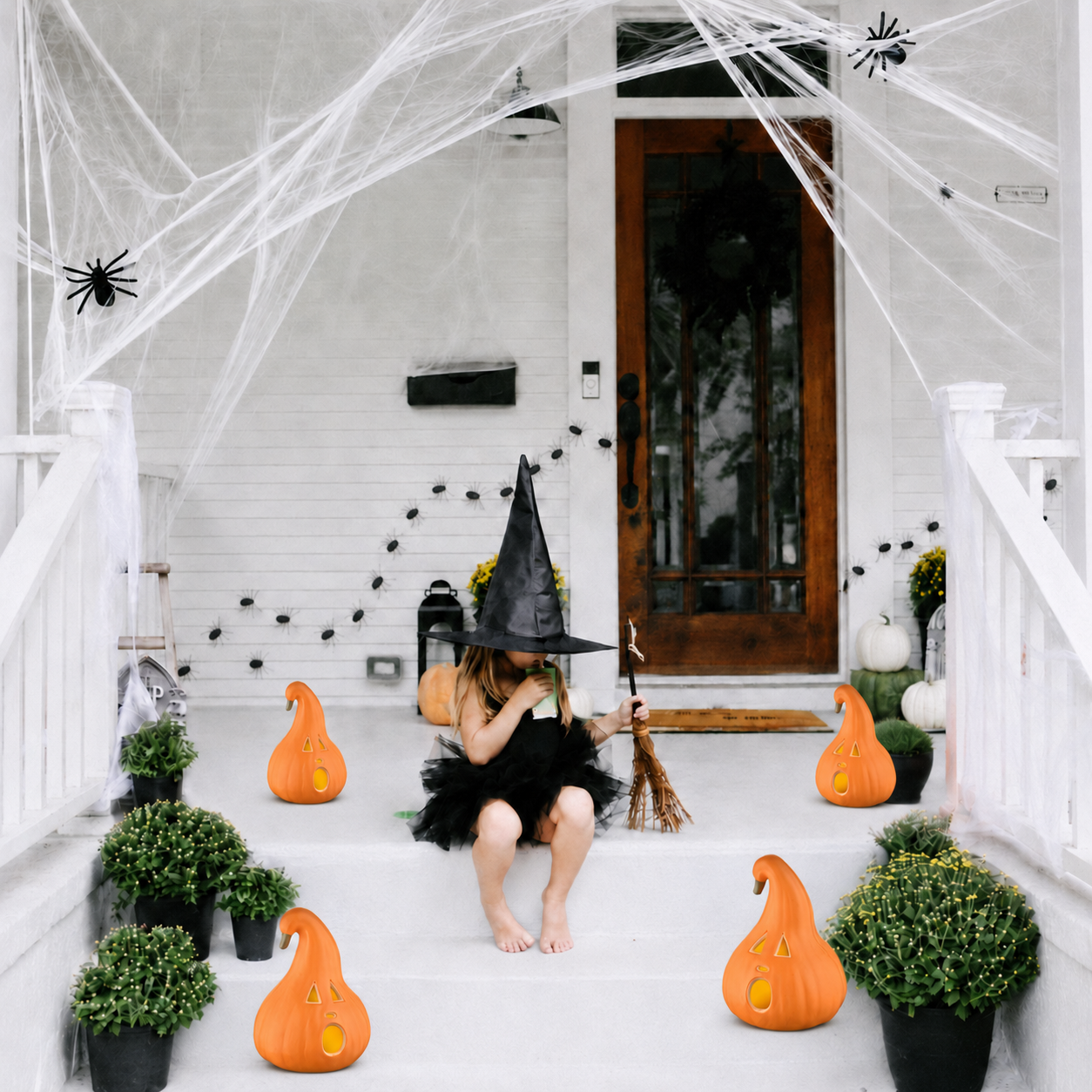 Halloween Decoration – Light-Up Jack-O’-Lantern Ghost Face with Curved Stem – Indoor Tabletop Fall Decor, Pumpkin – Cute Spooky Autumn Accent for Home or Office