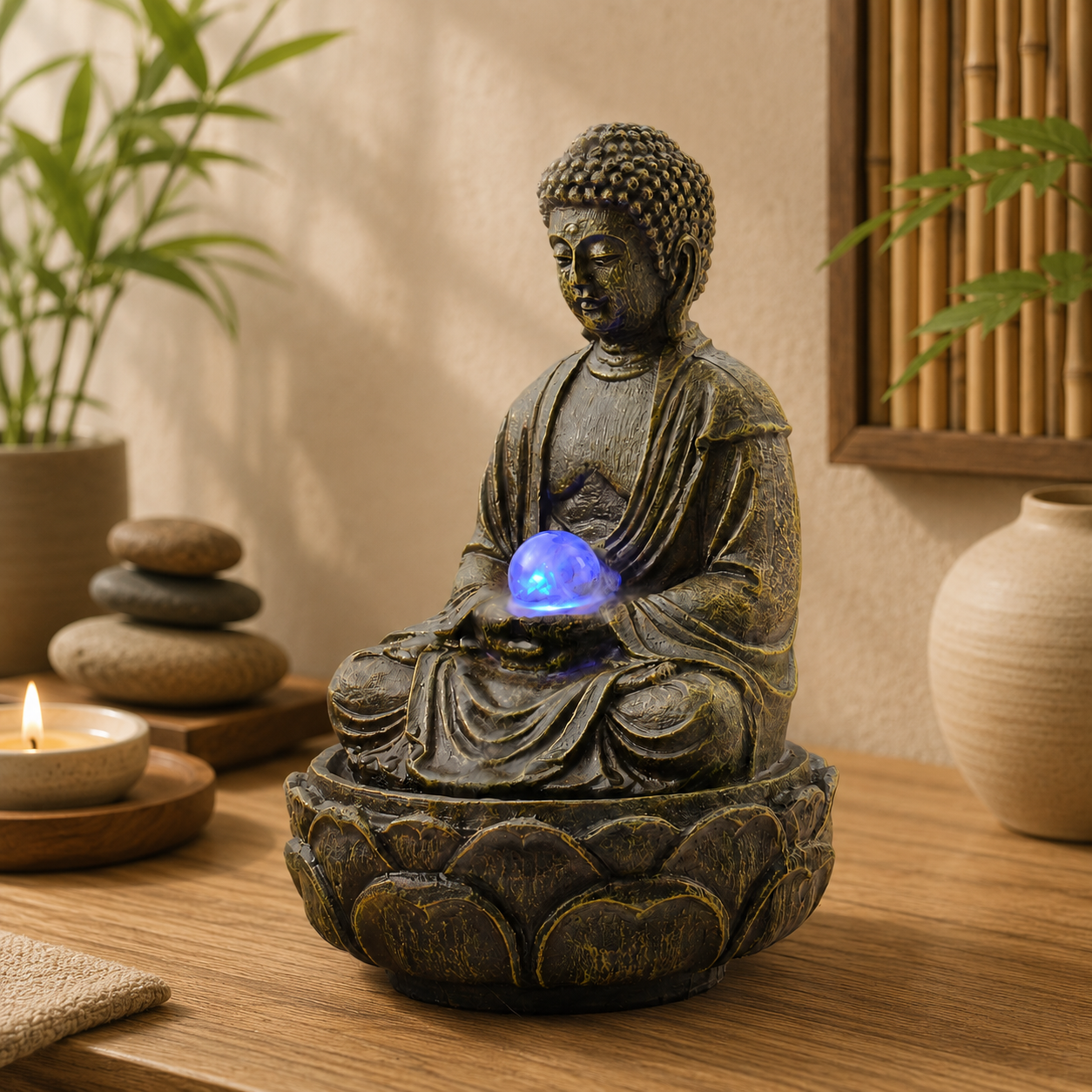11 Inch Buddha Tabletop Water Fountain with LED Glass Orb, Indoor Resin Waterfall Fountain, Zen Desktop Fountain for Office Desk, Living Room, Bedroom, Meditation Room & Home Decor