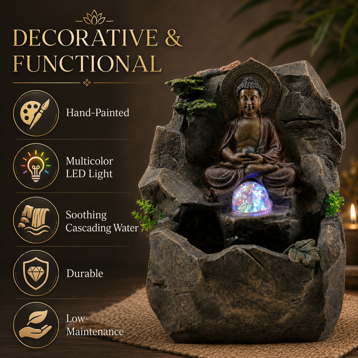 15 Inch Buddha Tabletop Water Fountain with LED Glass Orb, Indoor Resin Waterfall Fountain, Zen Desktop Fountain for Office Desk, Living Room, Bedroom, Meditation Room & Home Decor