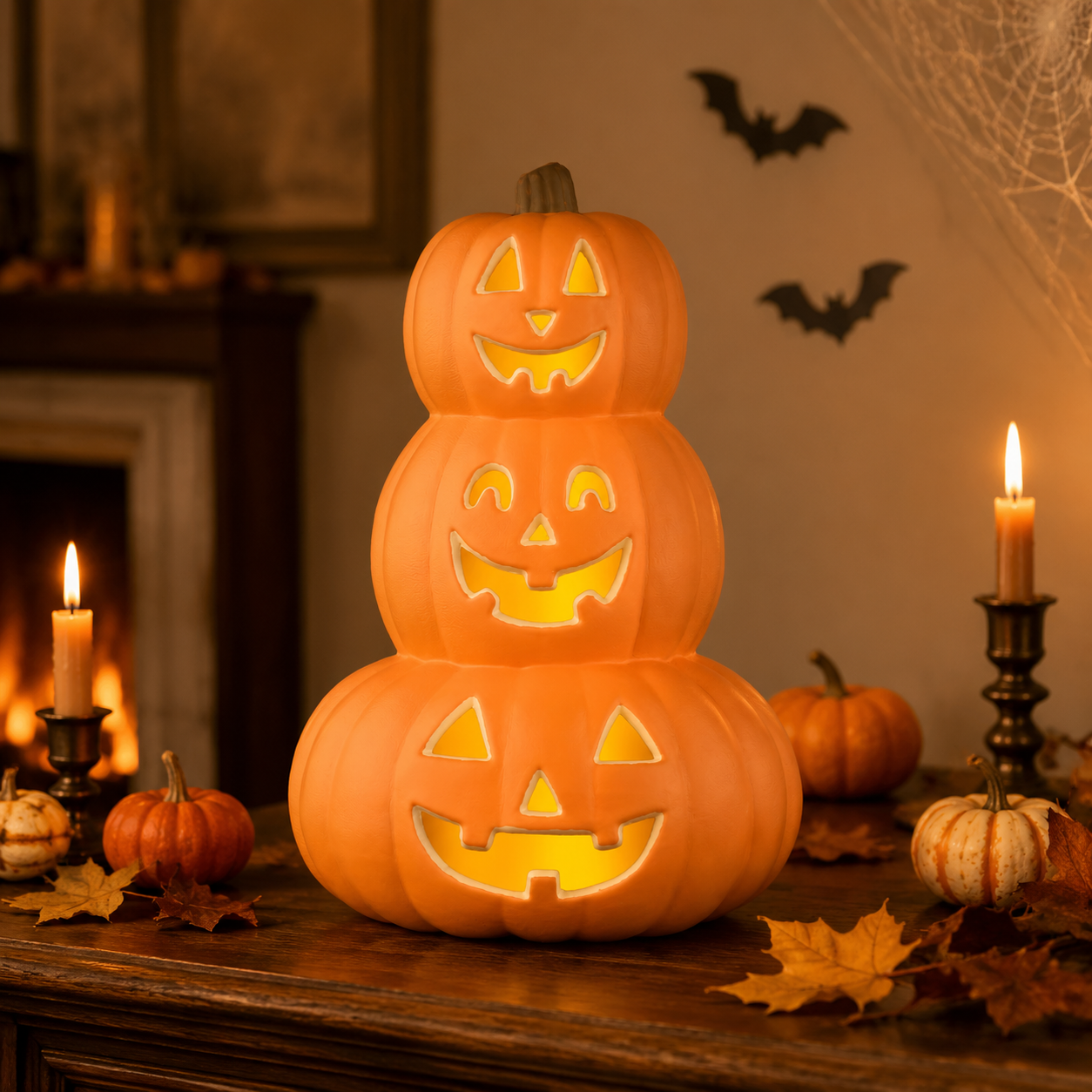 Stacked Jack-O’-Lantern Pumpkin Decoration – 3-Tier Light-Up Halloween Gourd HDPE Plastic – Indoor/Outdoor Fall Decor with Happy Ghost Faces – Cute Pumpkin Tower for Porch Tabletop