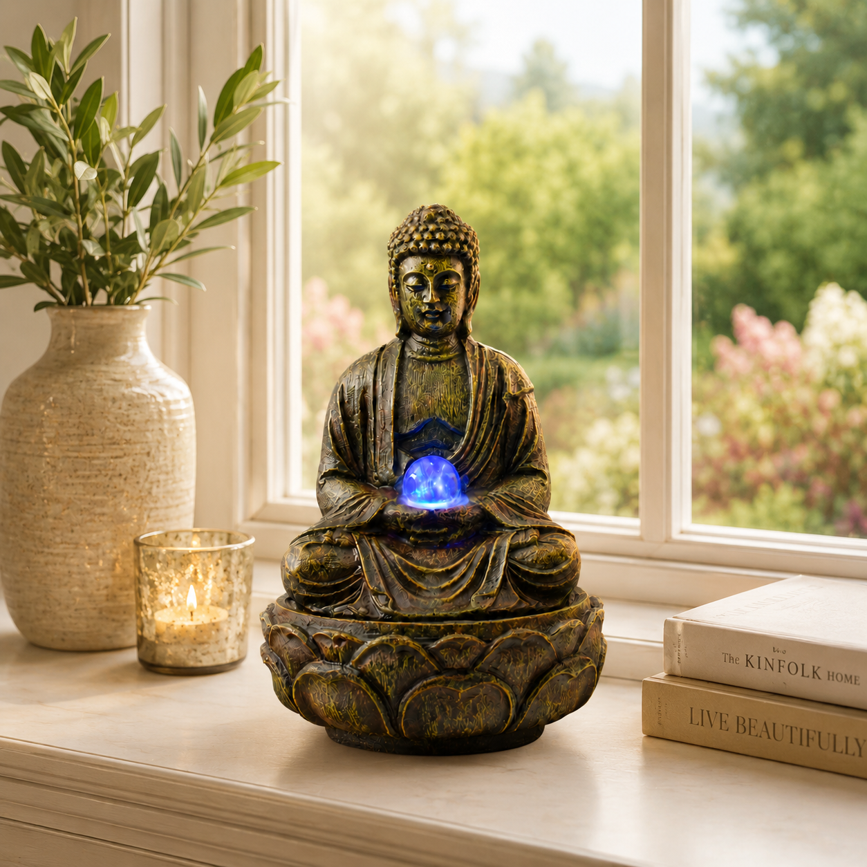 11 Inch Buddha Tabletop Water Fountain with LED Glass Orb, Indoor Resin Waterfall Fountain, Zen Desktop Fountain for Office Desk, Living Room, Bedroom, Meditation Room & Home Decor
