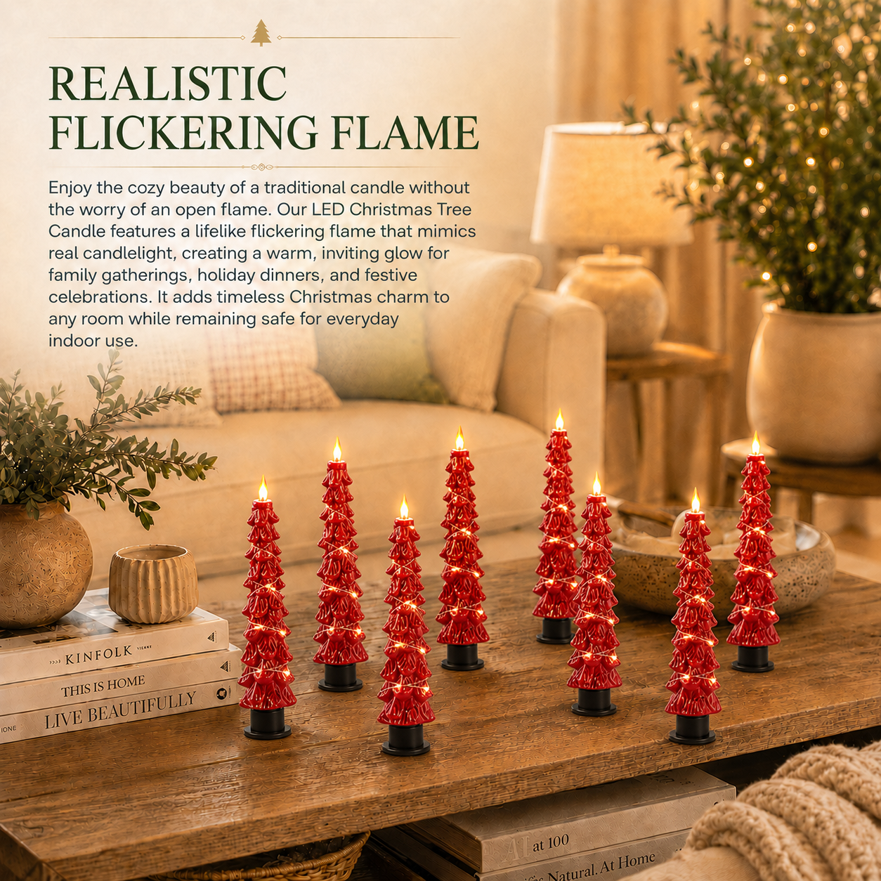 2 Pack EverGlow Christmas Tree LED Flameless Taper Candles, 9.5 Inch Battery Operated Flickering Candles with Remote Timer and Copper String Lights for Christmas Home Décor, Dining Table