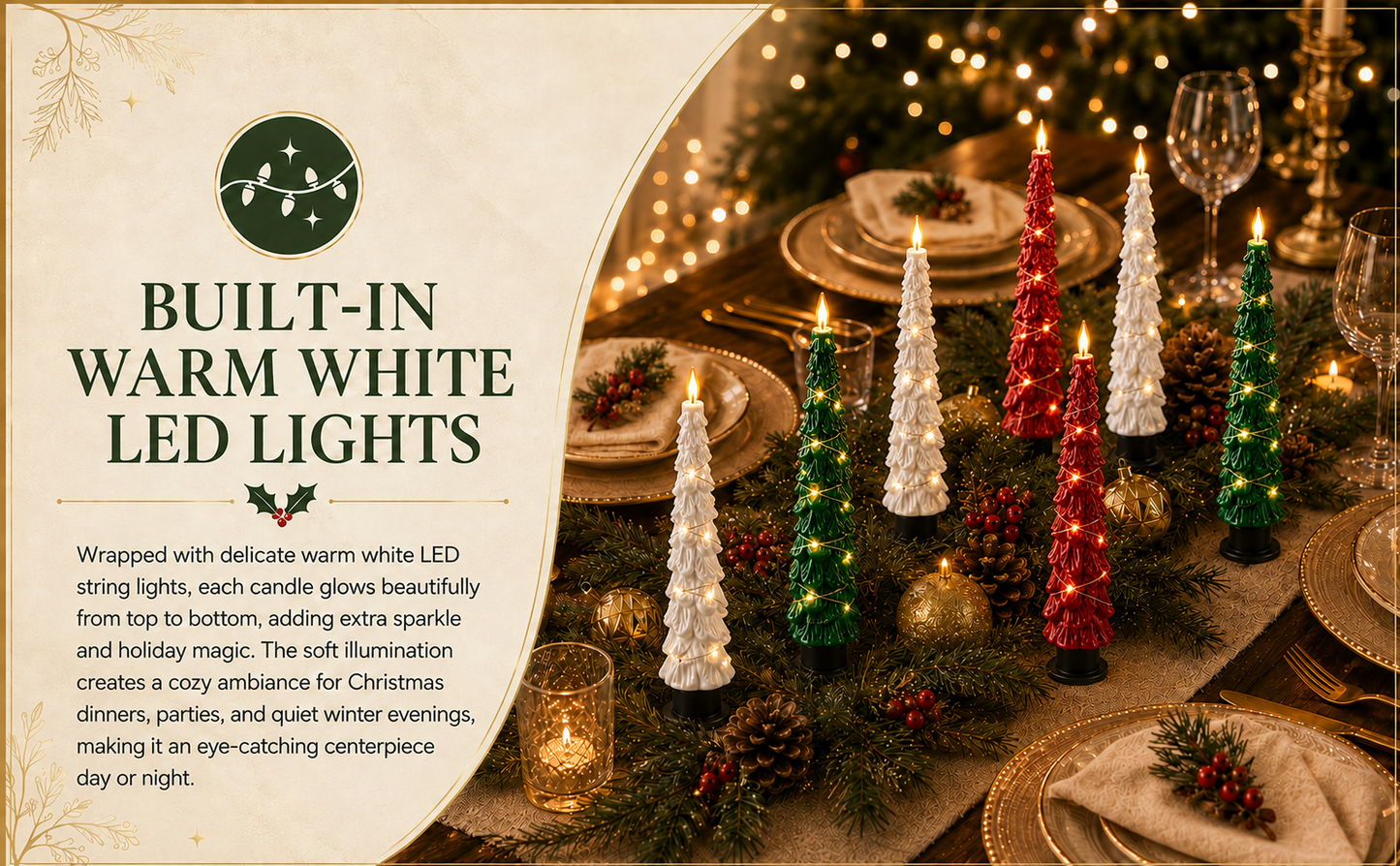 2 Pack EverGlow Christmas Tree LED Flameless Taper Candles, 9.5 Inch Battery Operated Flickering Candles with Remote Timer and Copper String Lights for Christmas Home Décor, Dining Table