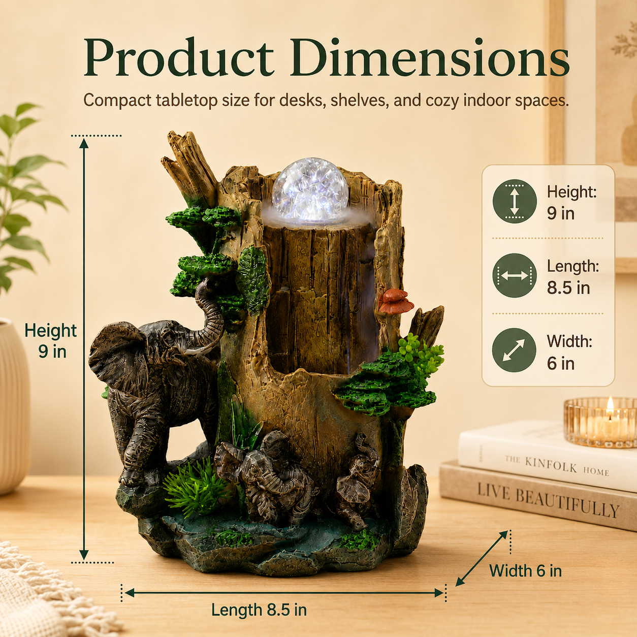 Indoor Tabletop Water Fountain with LED Light & Rolling Crystal Ball, Elephant Desktop Waterfall Fountain, Polyresin Zen Fountain for Office Desk, Living Room, Bedroom, Meditation & Home Decor