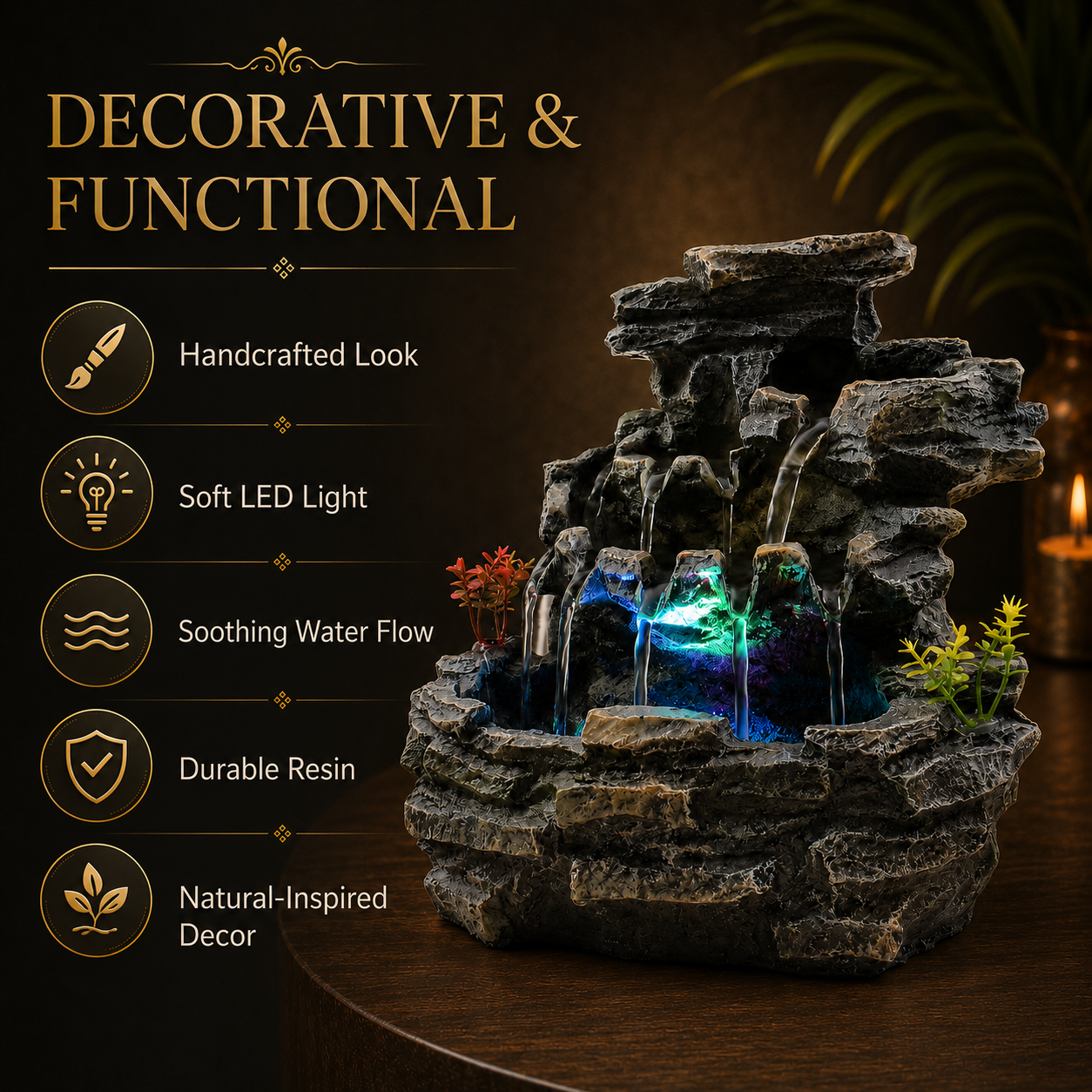 Indoor Tabletop Water Fountain with LED Light, Resin Rock-Look Waterfall Decor, Feng Shui Inspired Zen Fountain for Desk, Office, Bedroom, Living Room & Meditation Space (9" Cascading Rock)