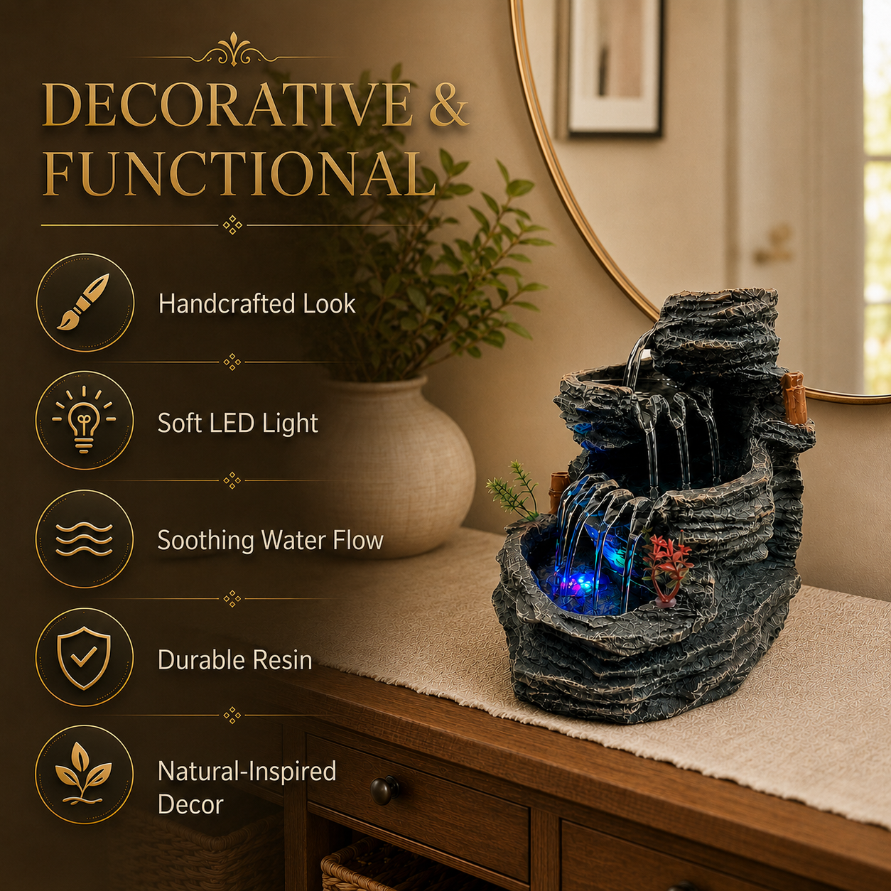Indoor Tabletop Water Fountain with LED Light, Resin Rock-Look Waterfall Decor, Feng Shui Inspired Zen Fountain for Desk, Office, Bedroom, Living Room & Meditation Space (9.25" Cascading Rock)